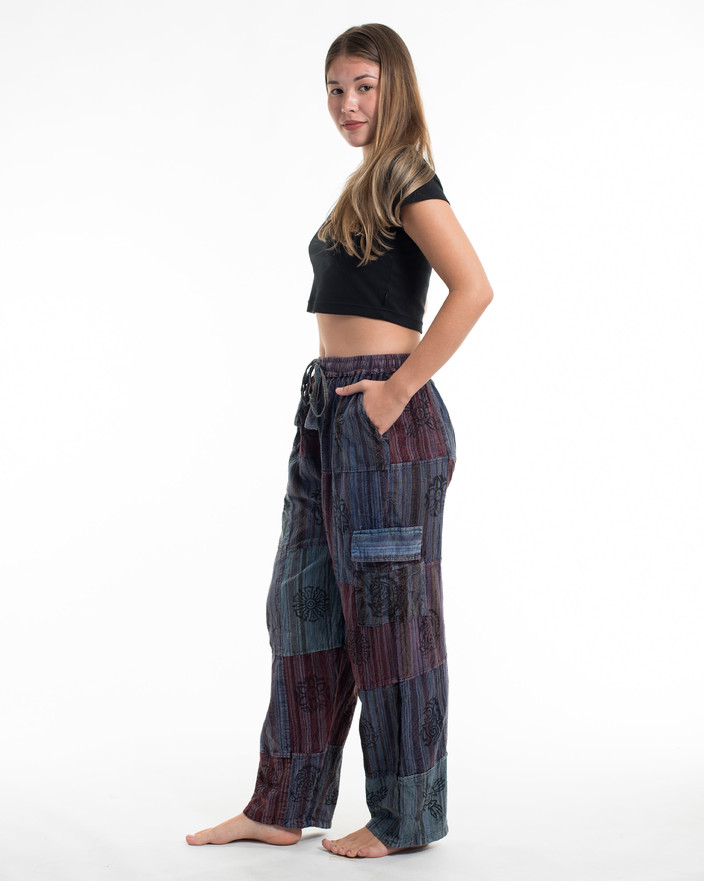 Women's Patchwork Block-Printed Pants in Navy