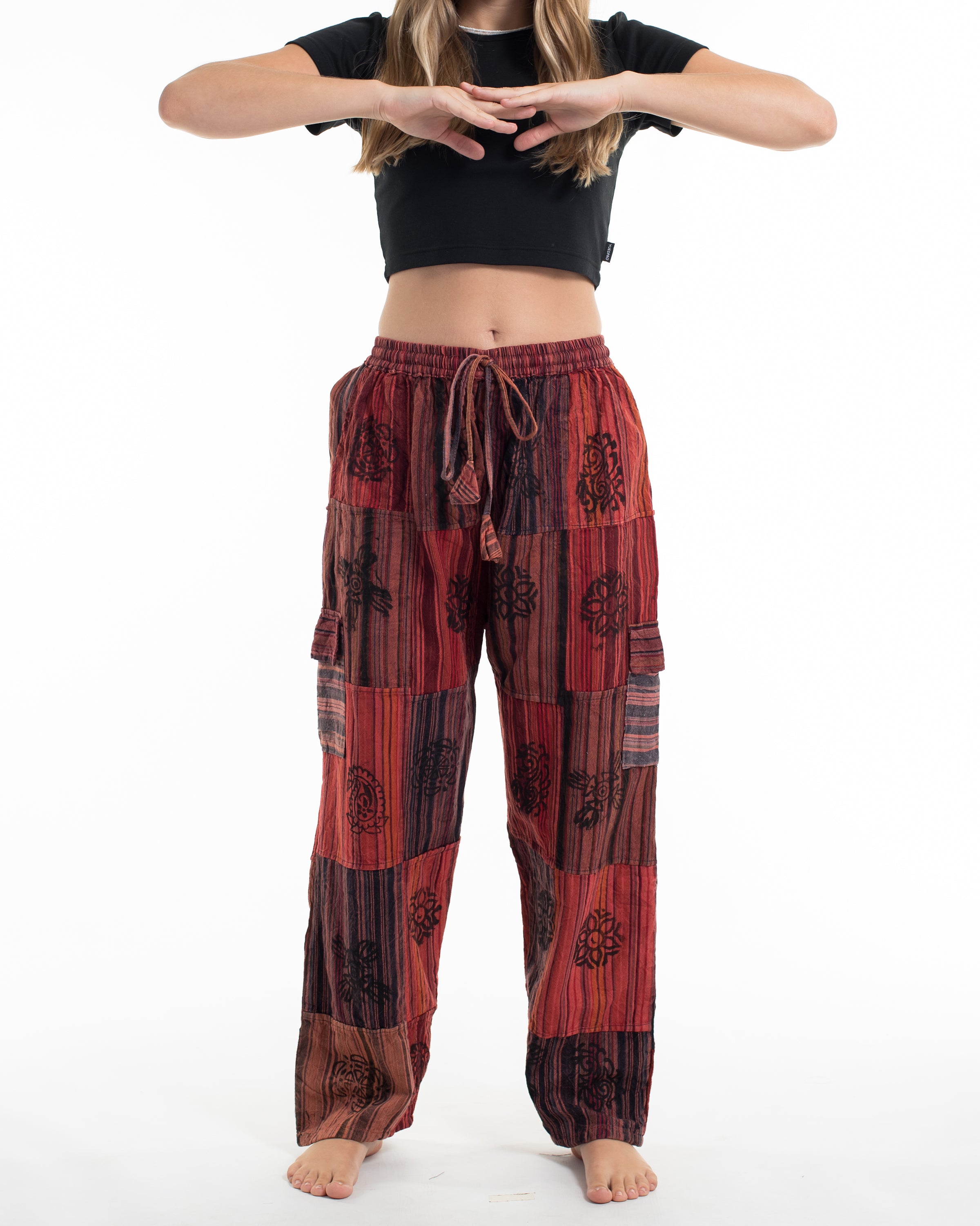 Women's Patchwork Block-Printed Pants in Red