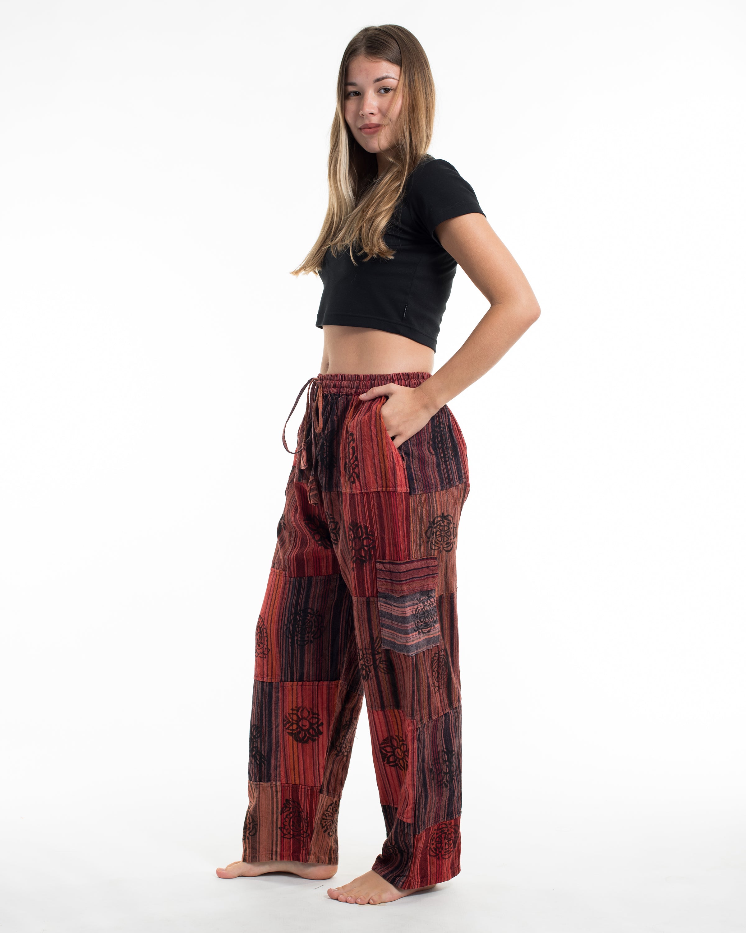 Women's Patchwork Block-Printed Pants in Red