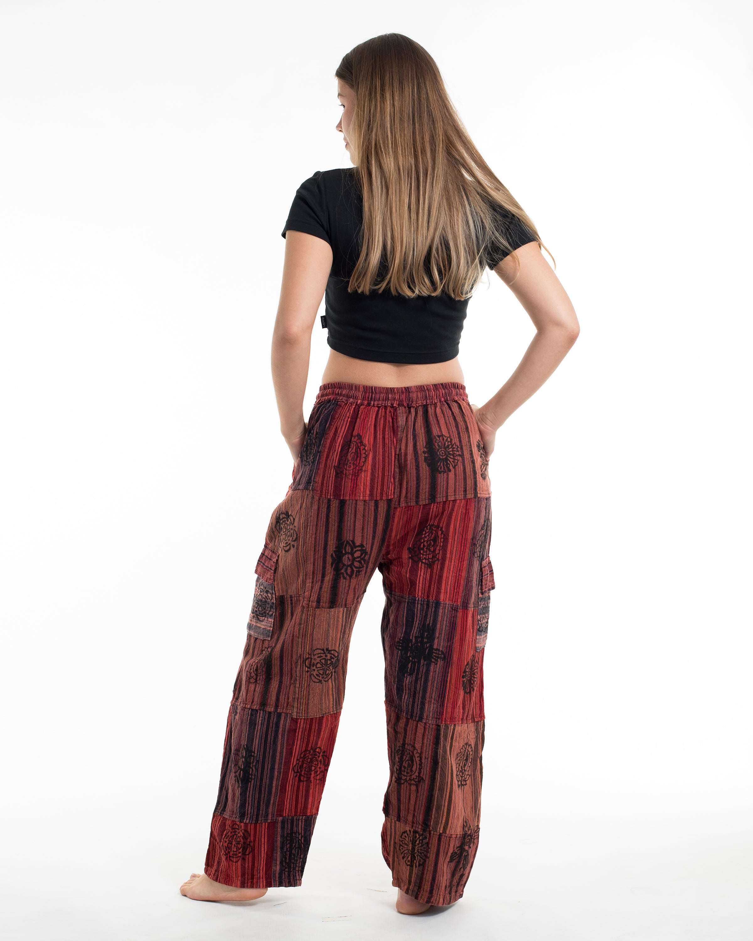 Women's Patchwork Block-Printed Pants in Red