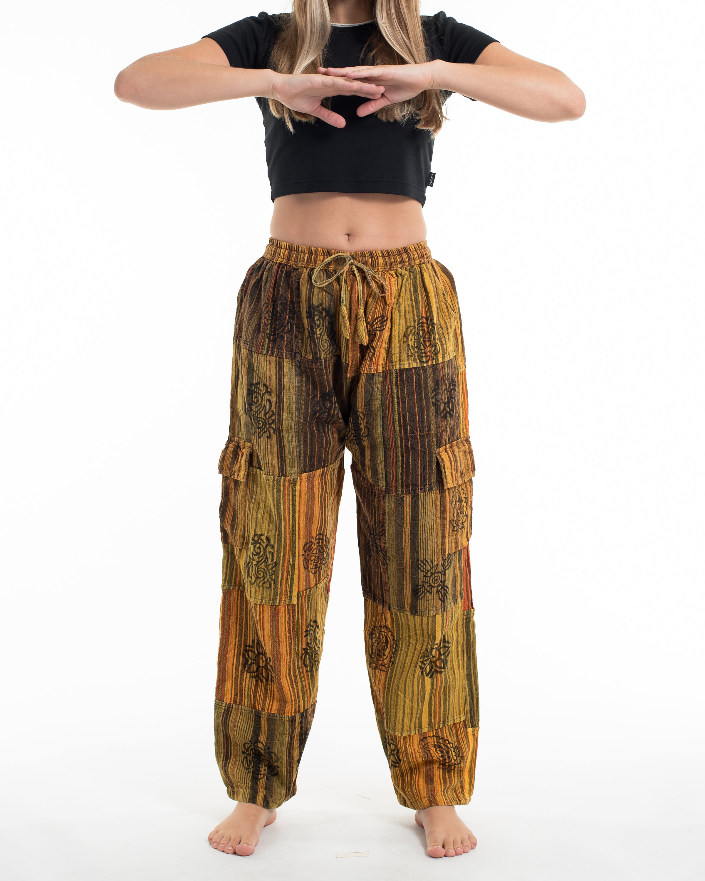 Women's Patchwork Block-Printed Pants in Yellow