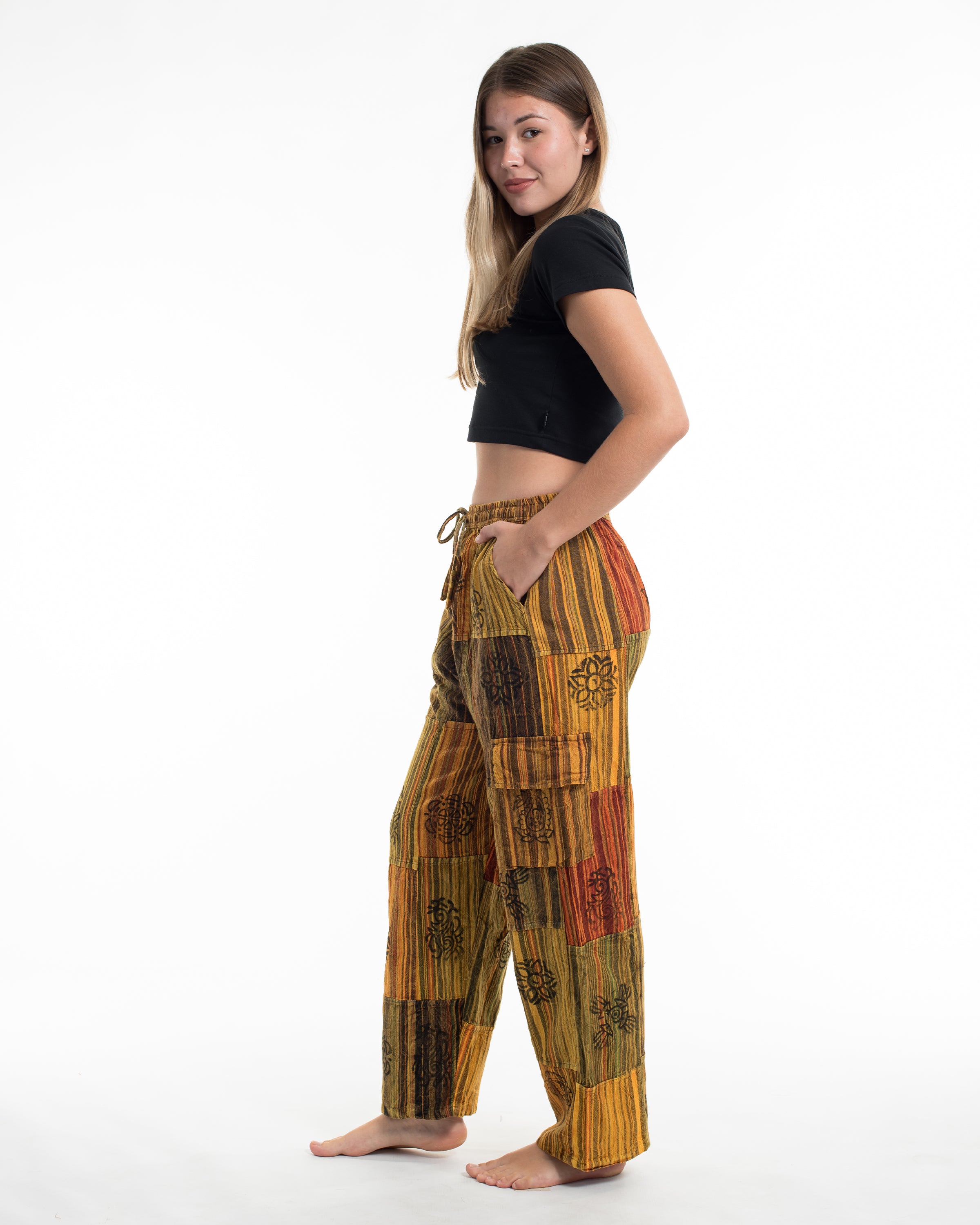 Women's Patchwork Block-Printed Pants in Yellow