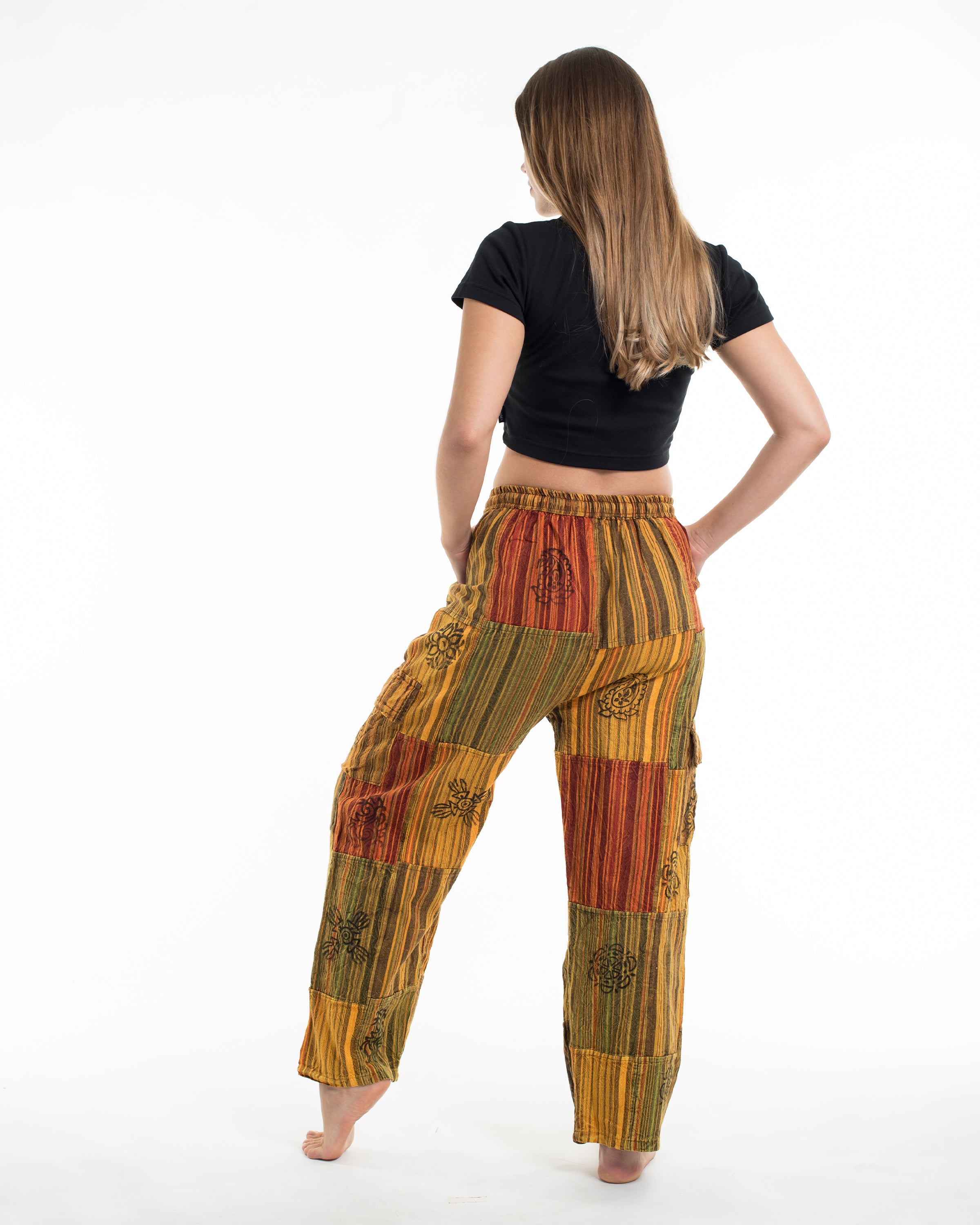 Women's Patchwork Block-Printed Pants in Yellow