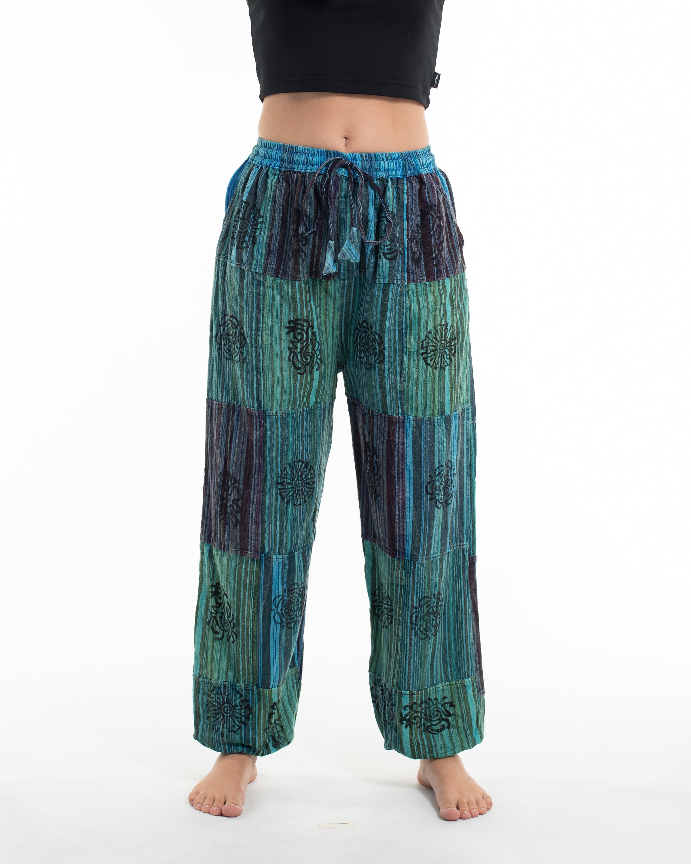 Women's Patchwork Block-Printed Harem Pants in Blue