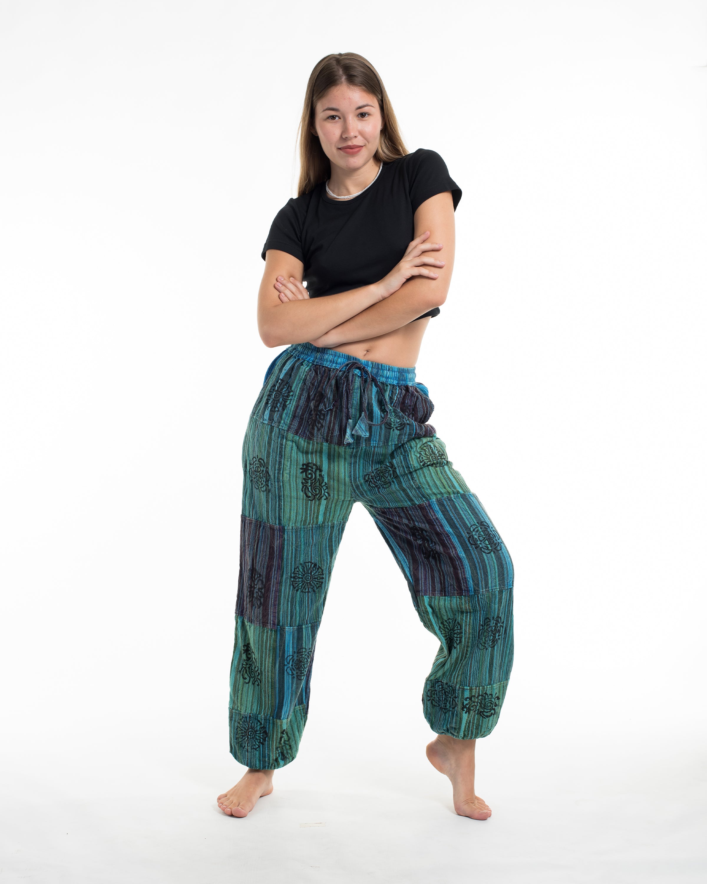 Women's Patchwork Block-Printed Harem Pants in Blue