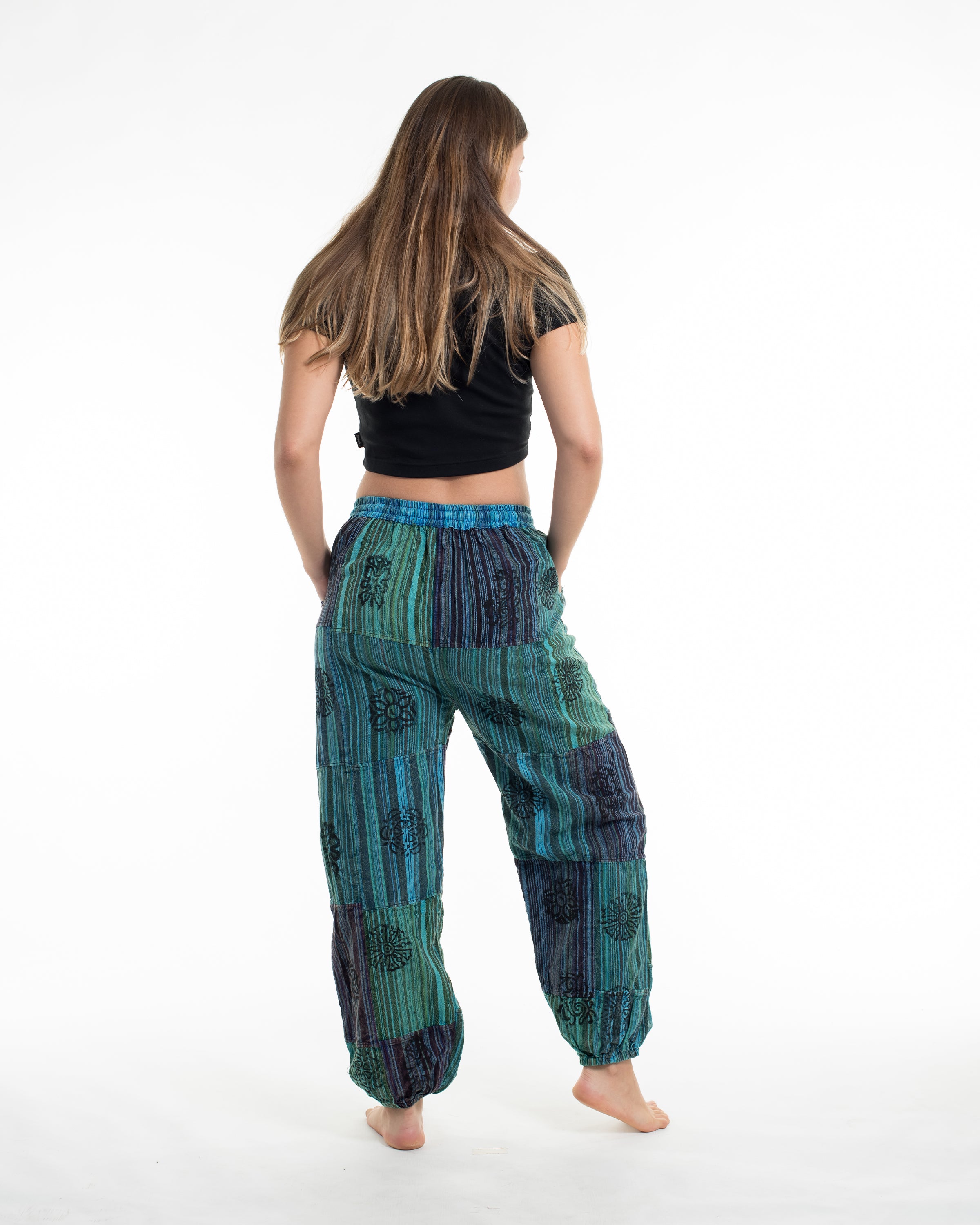 Women's Patchwork Block-Printed Harem Pants in Blue