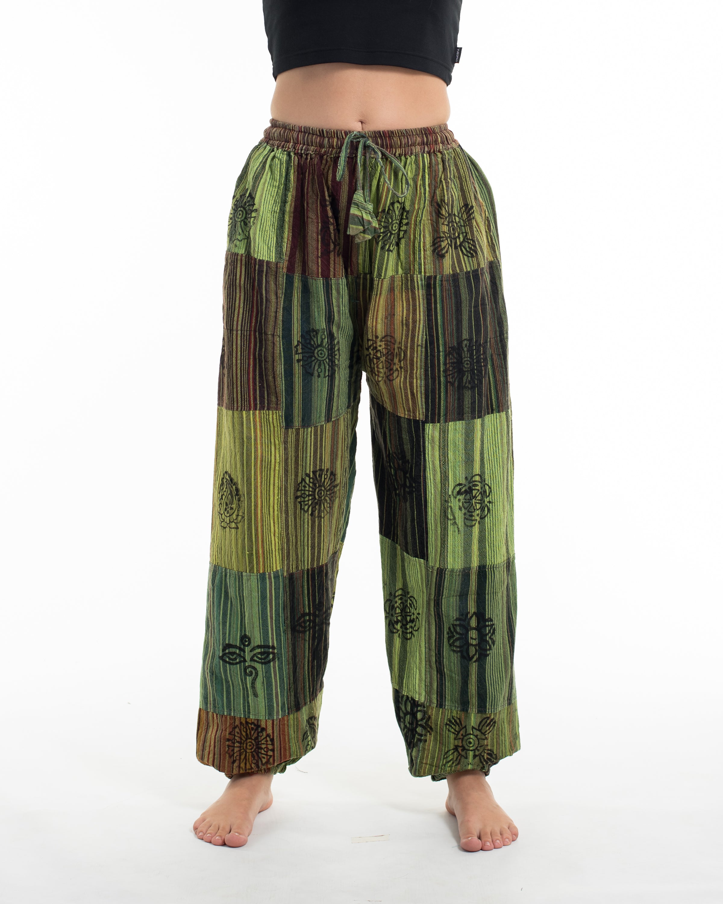 Women's Patchwork Block-Printed Harem Pants in Green