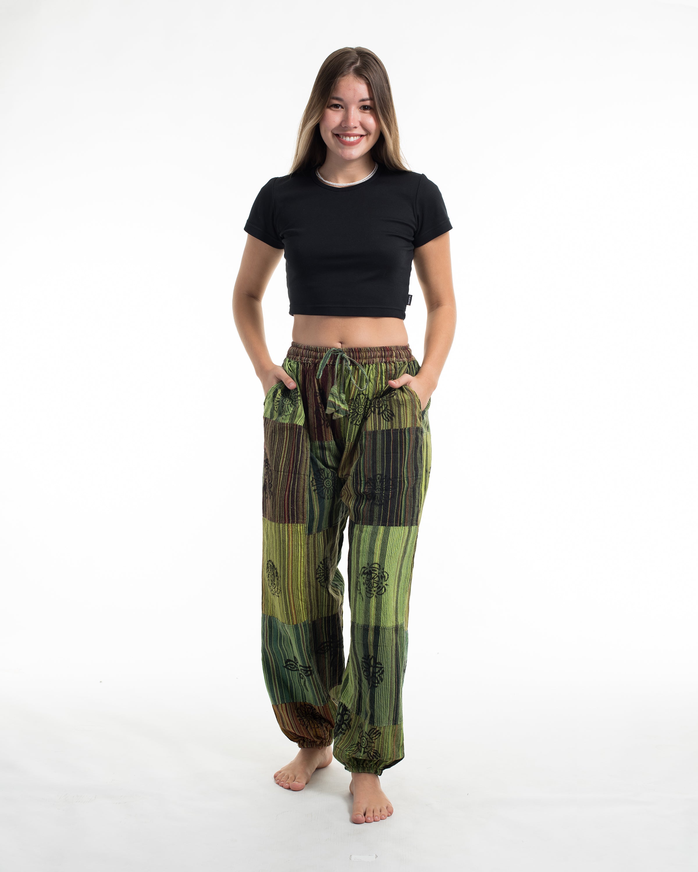 Women's Patchwork Block-Printed Harem Pants in Green