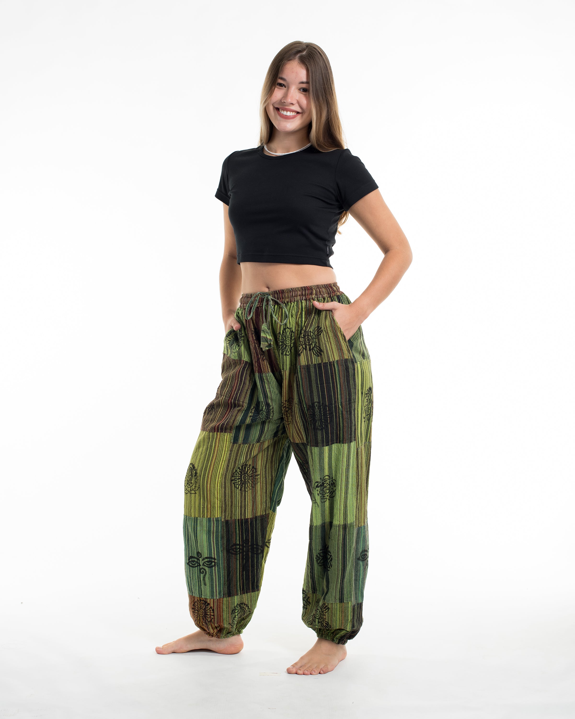 Women's Patchwork Block-Printed Harem Pants in Green