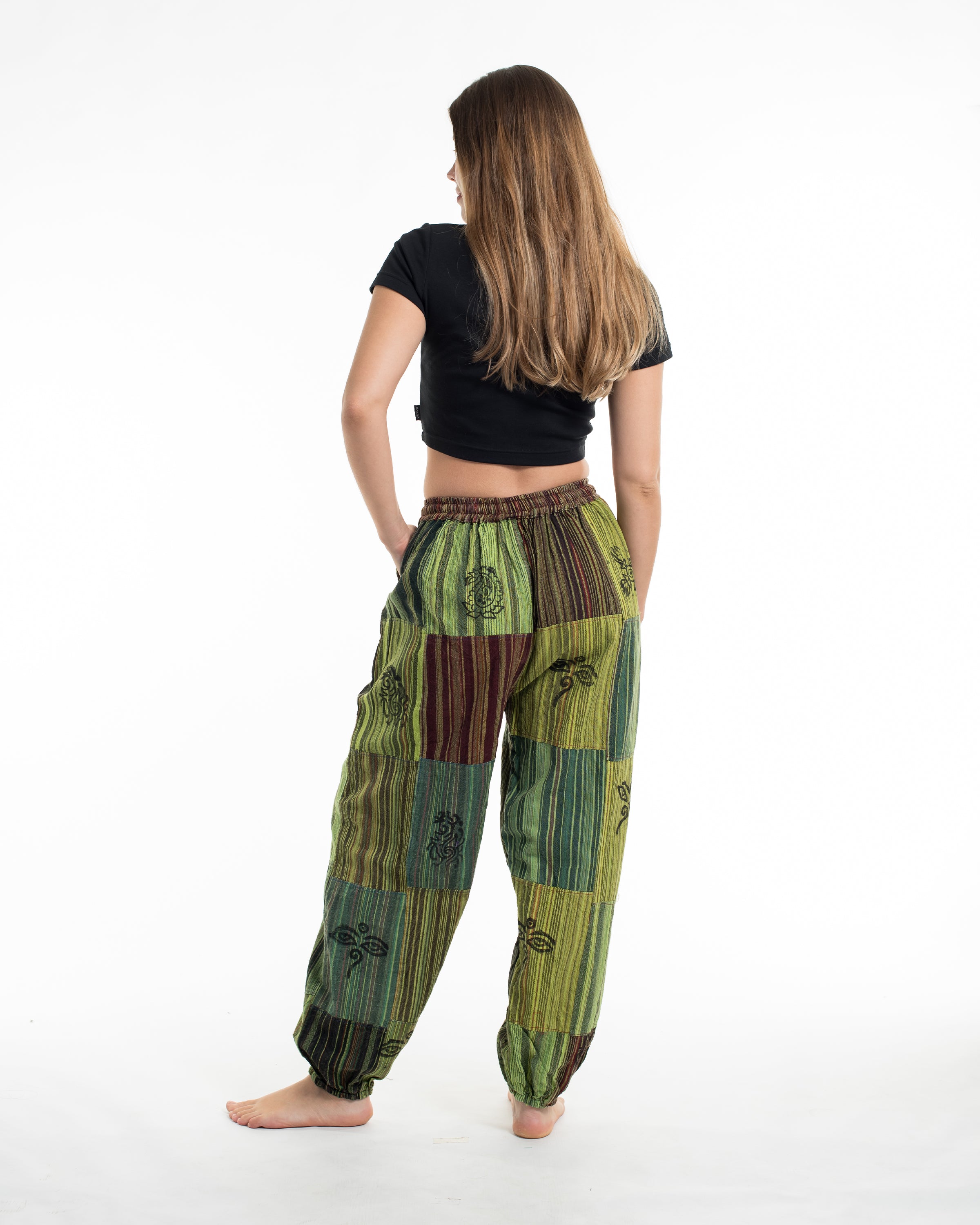 Women's Patchwork Block-Printed Harem Pants in Green