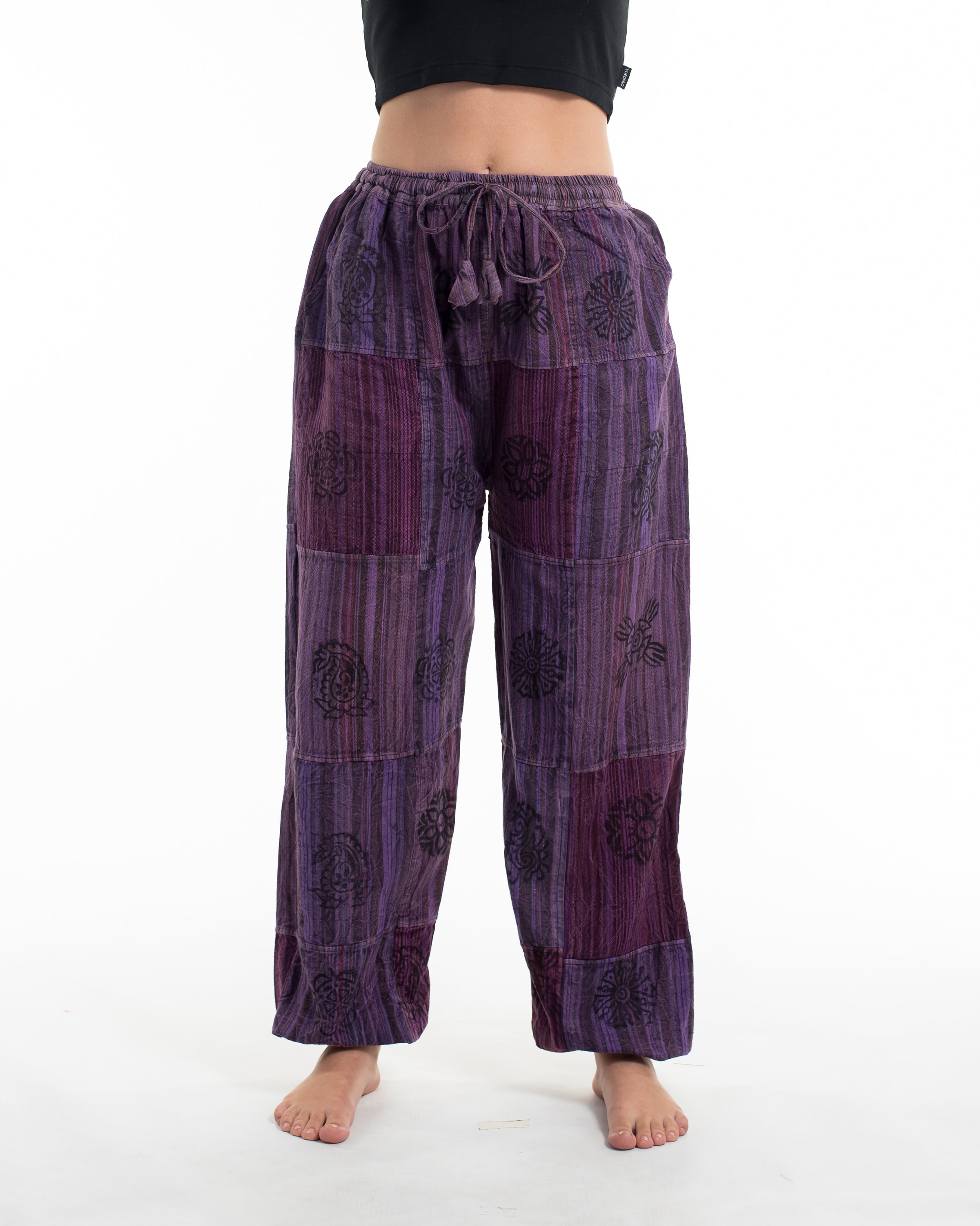 Women's Patchwork Block-Printed Harem Pants in Purple