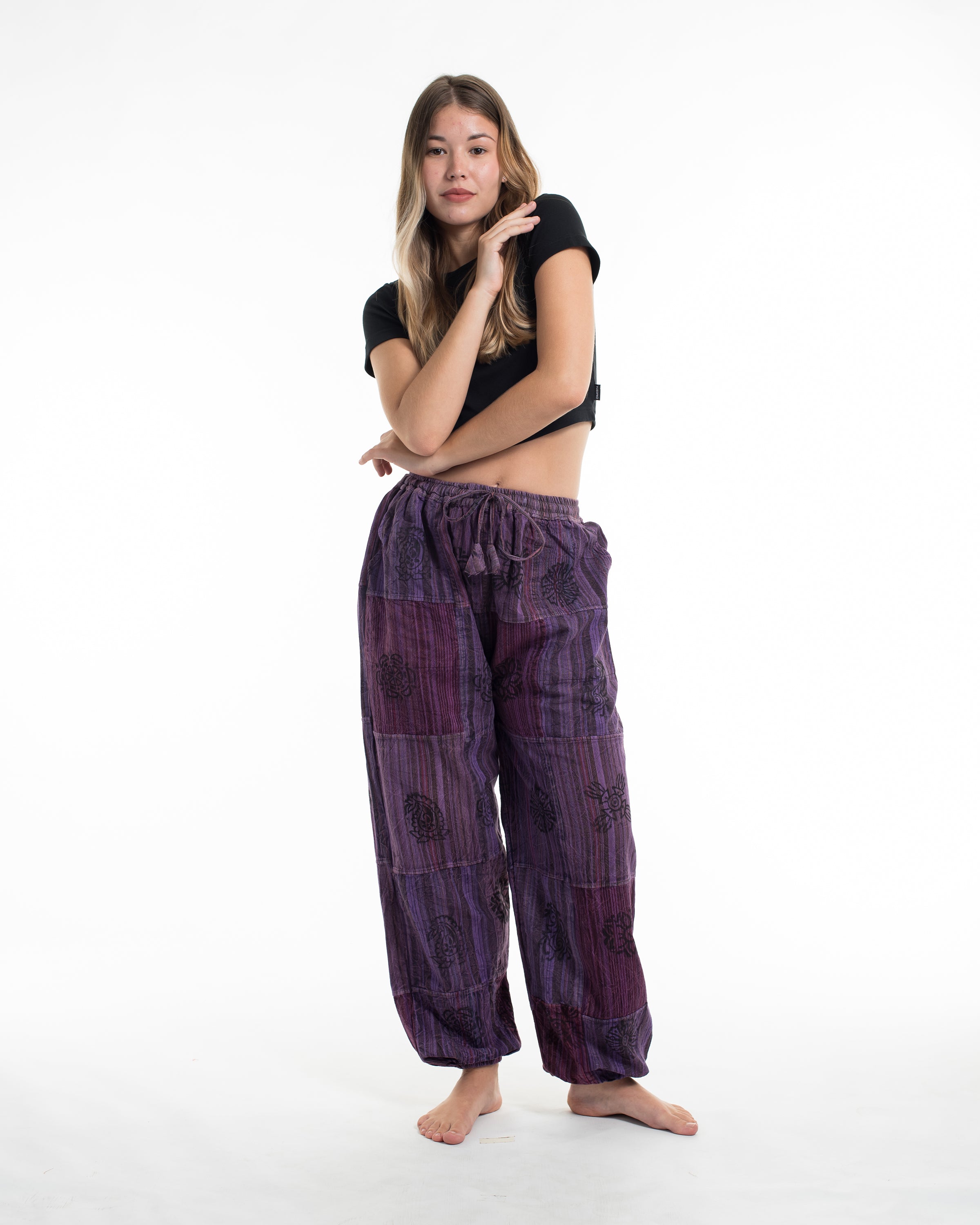 Women's Patchwork Block-Printed Harem Pants in Purple