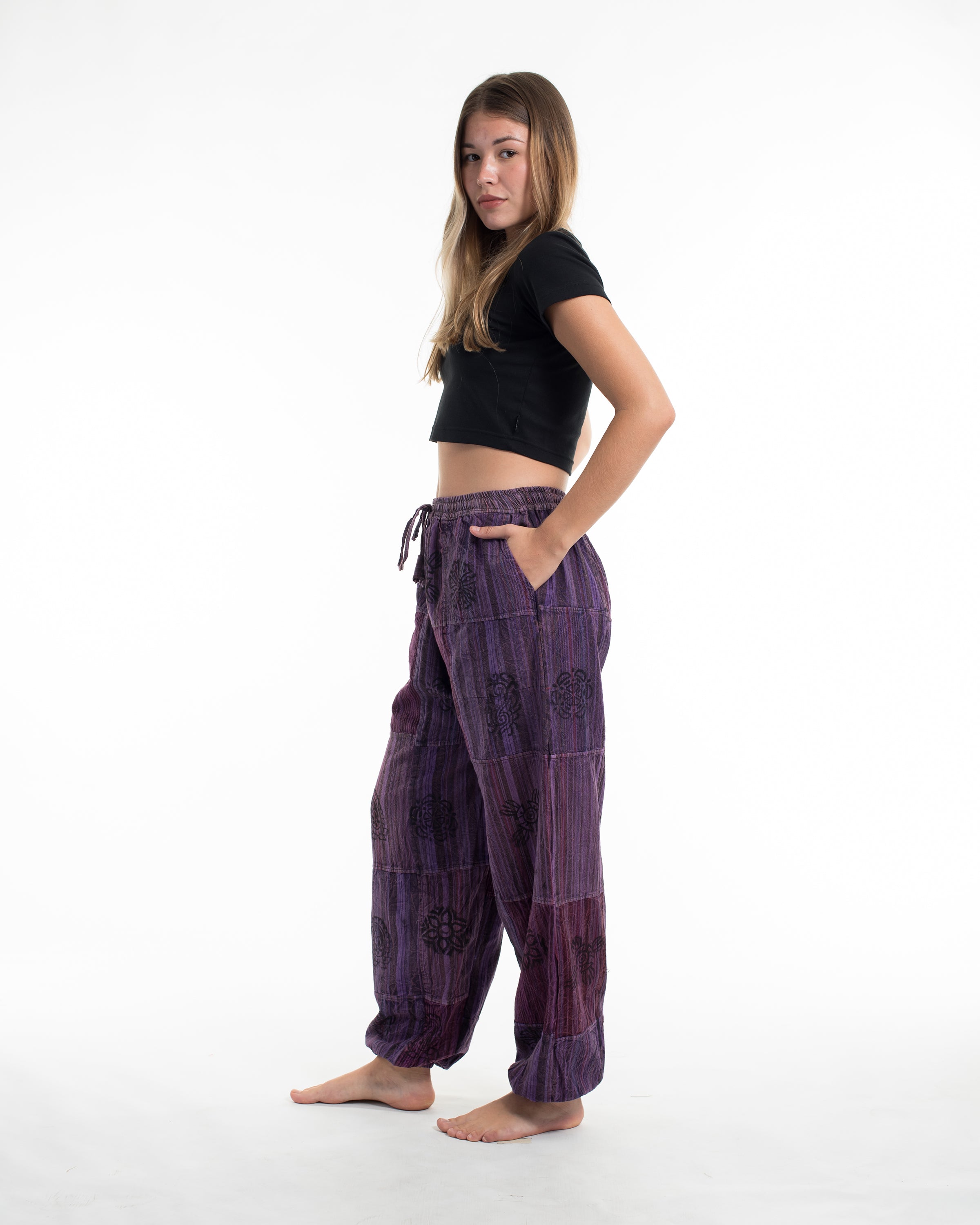 Women's Patchwork Block-Printed Harem Pants in Purple