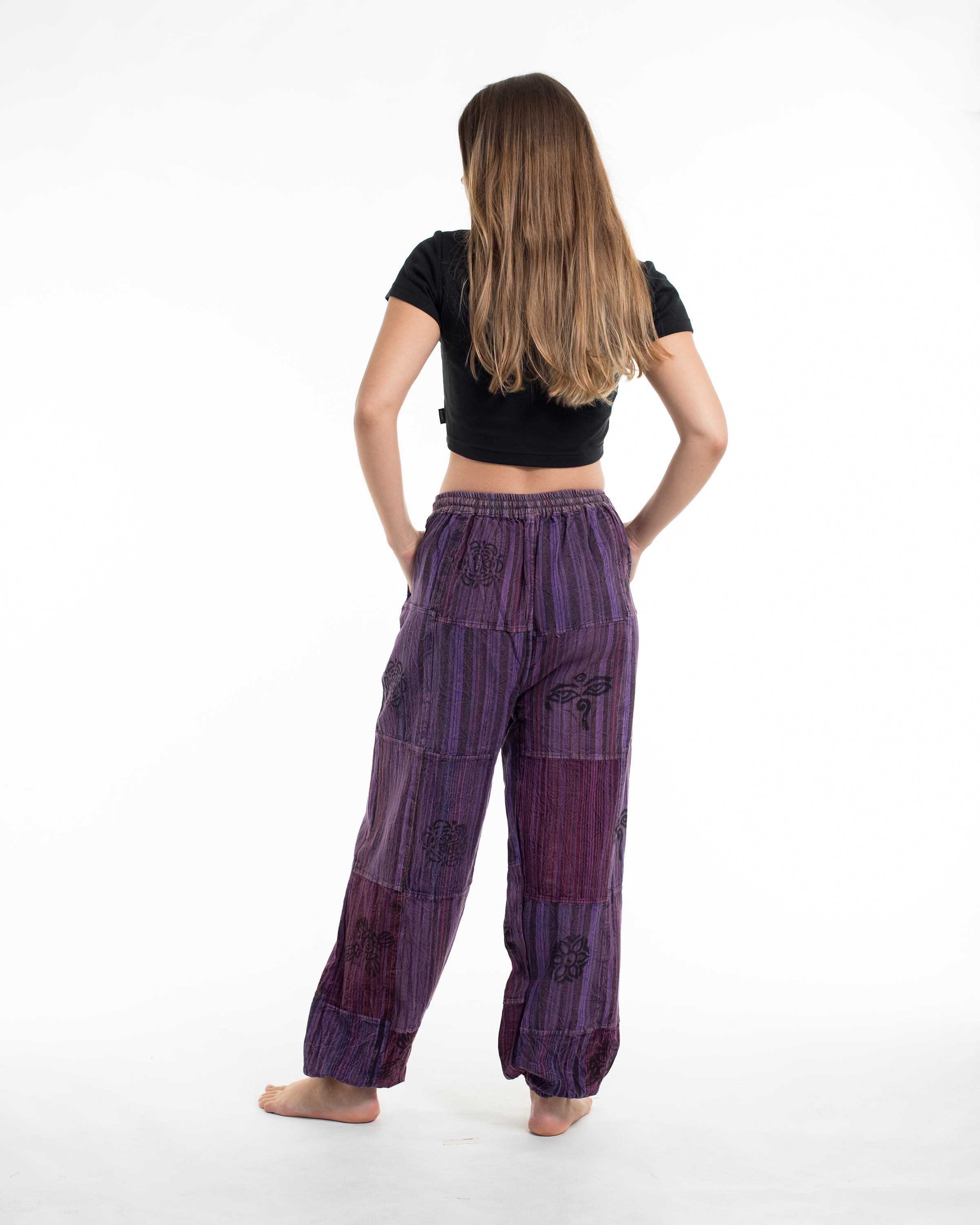Women's Patchwork Block-Printed Harem Pants in Purple