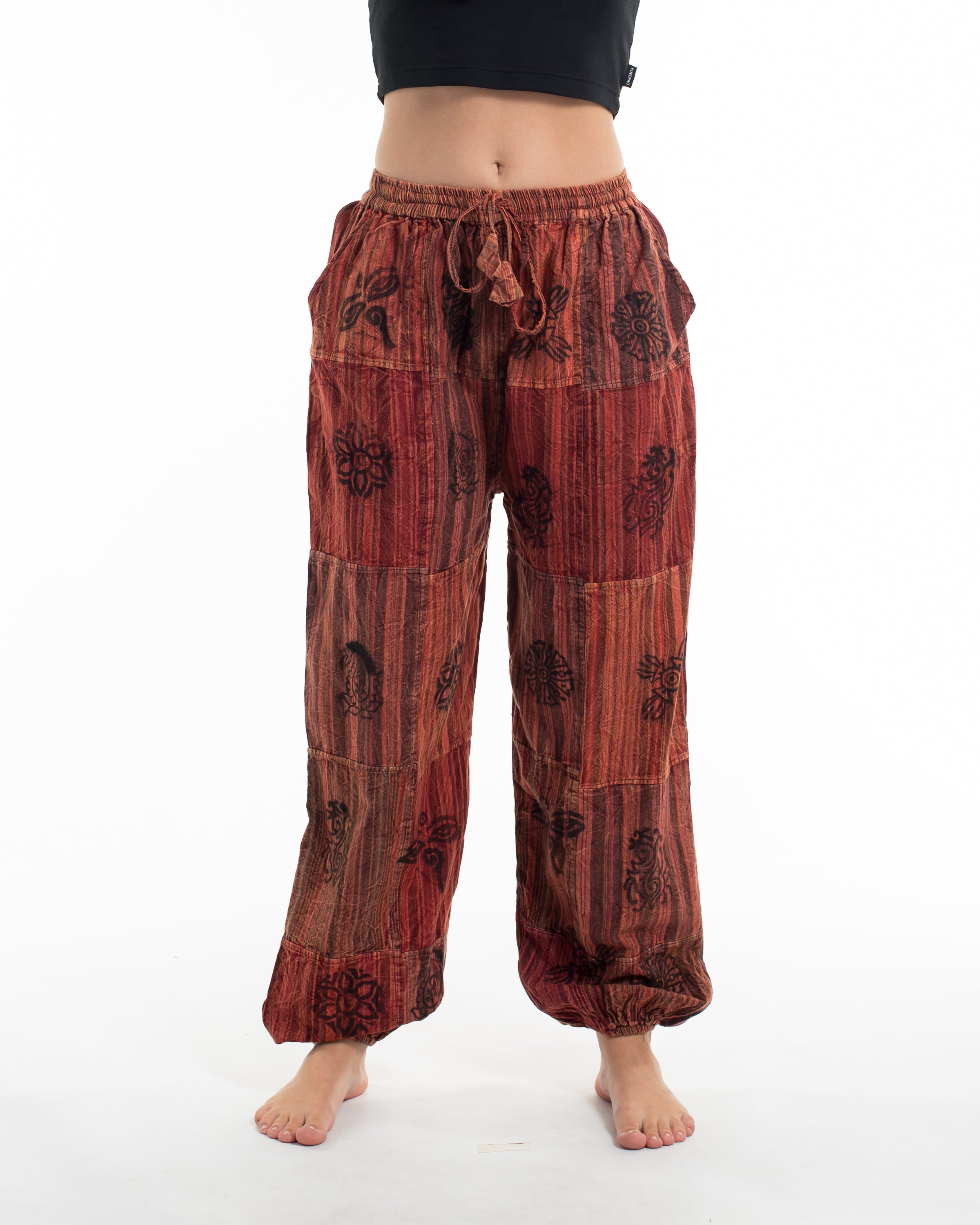 Women's Patchwork Block-Printed Harem Pants in Red