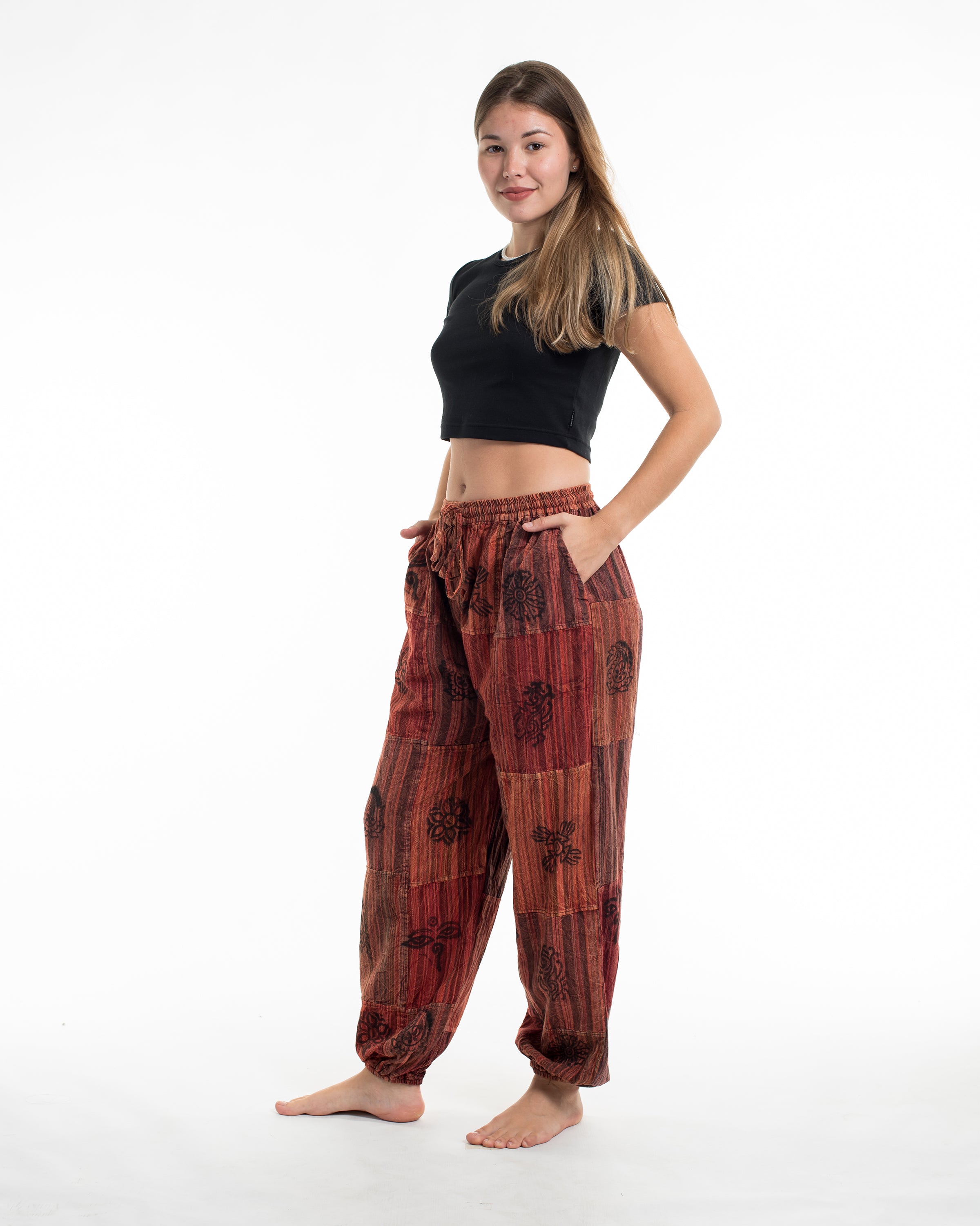 Women's Patchwork Block-Printed Harem Pants in Red