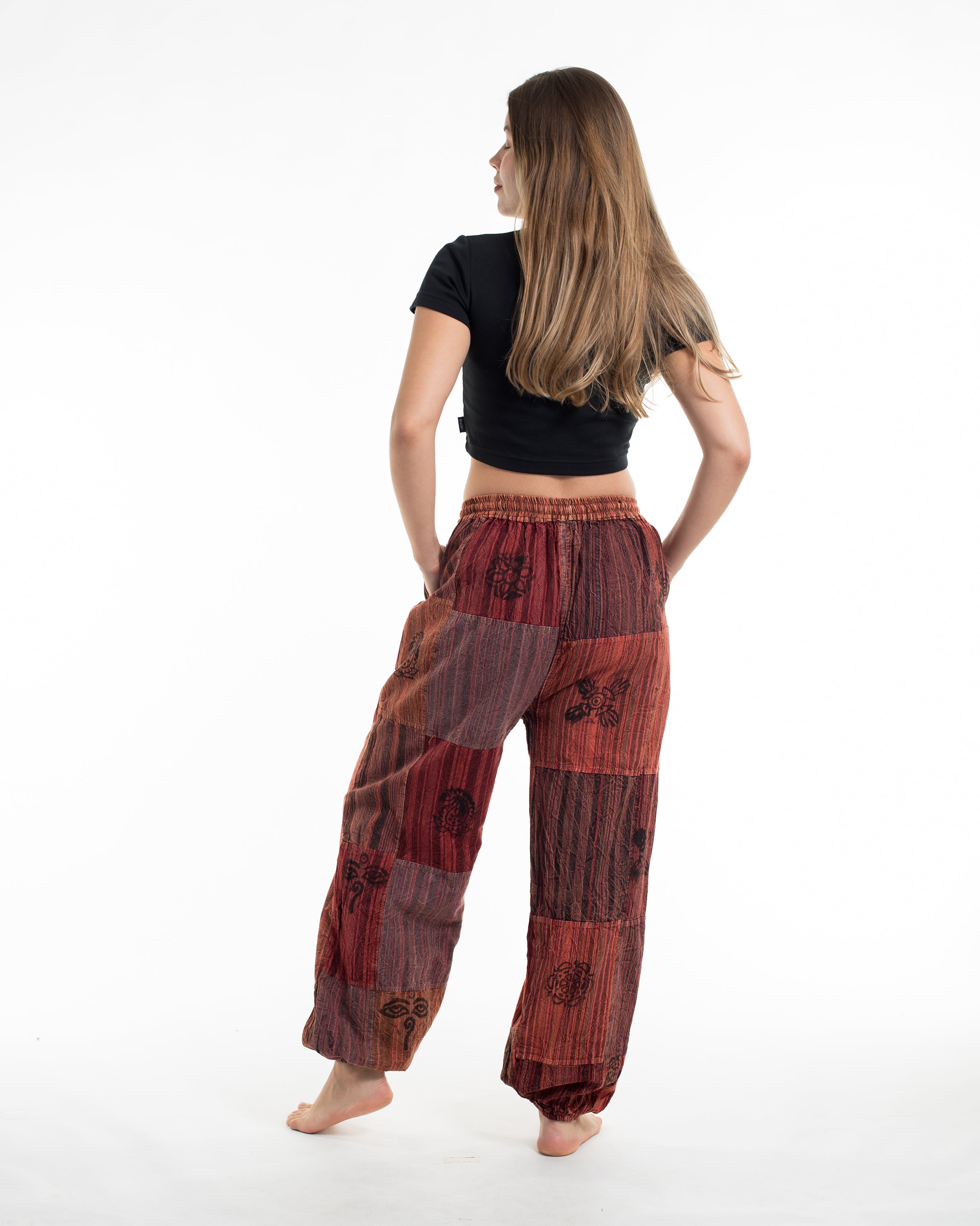 Women's Patchwork Block-Printed Harem Pants in Red