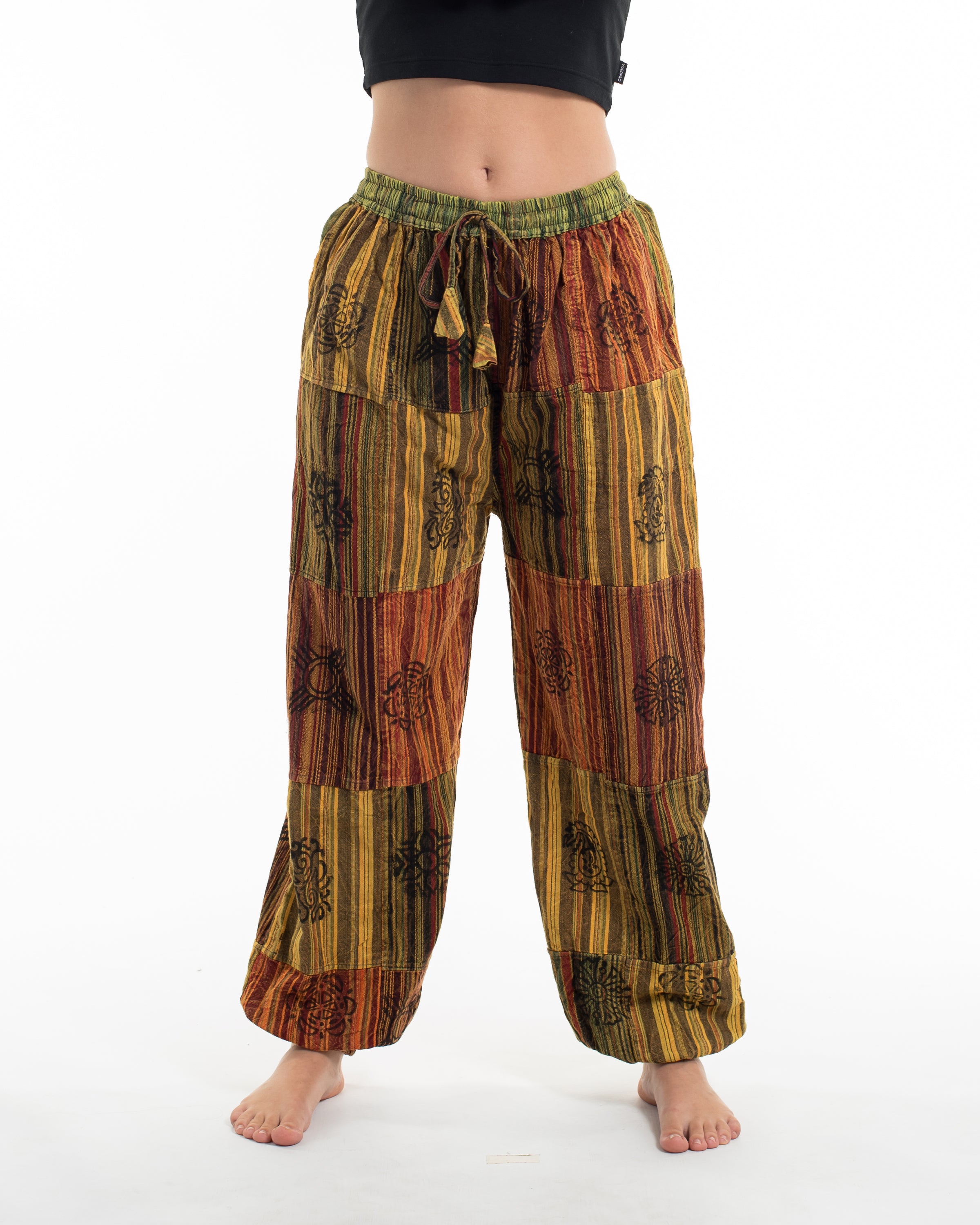 Women's Patchwork Block-Printed Harem Pants in Yellow