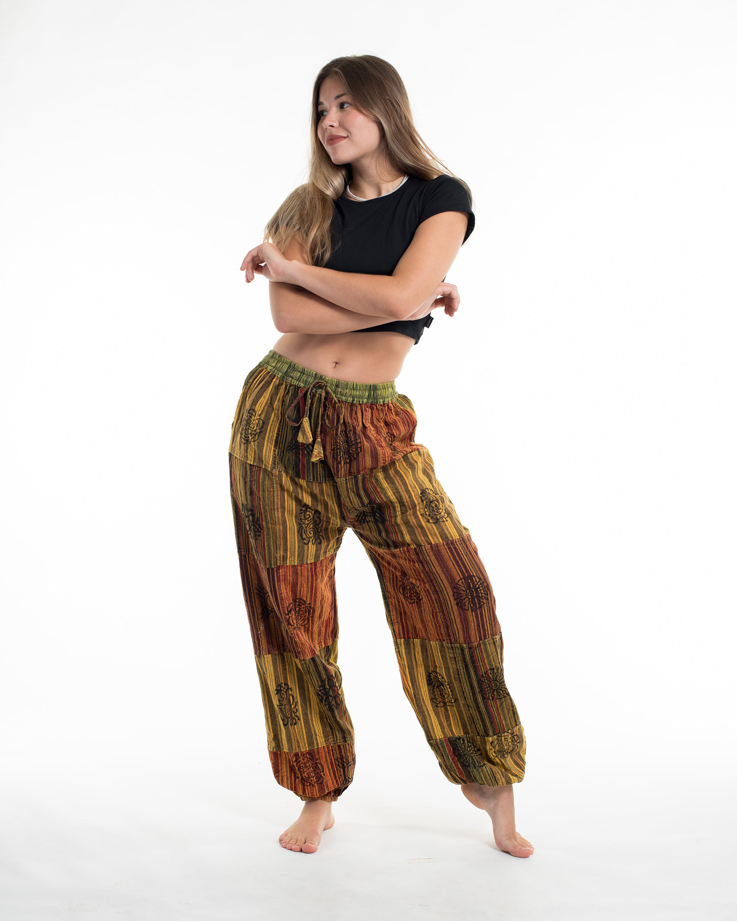 Women's Patchwork Block-Printed Harem Pants in Yellow