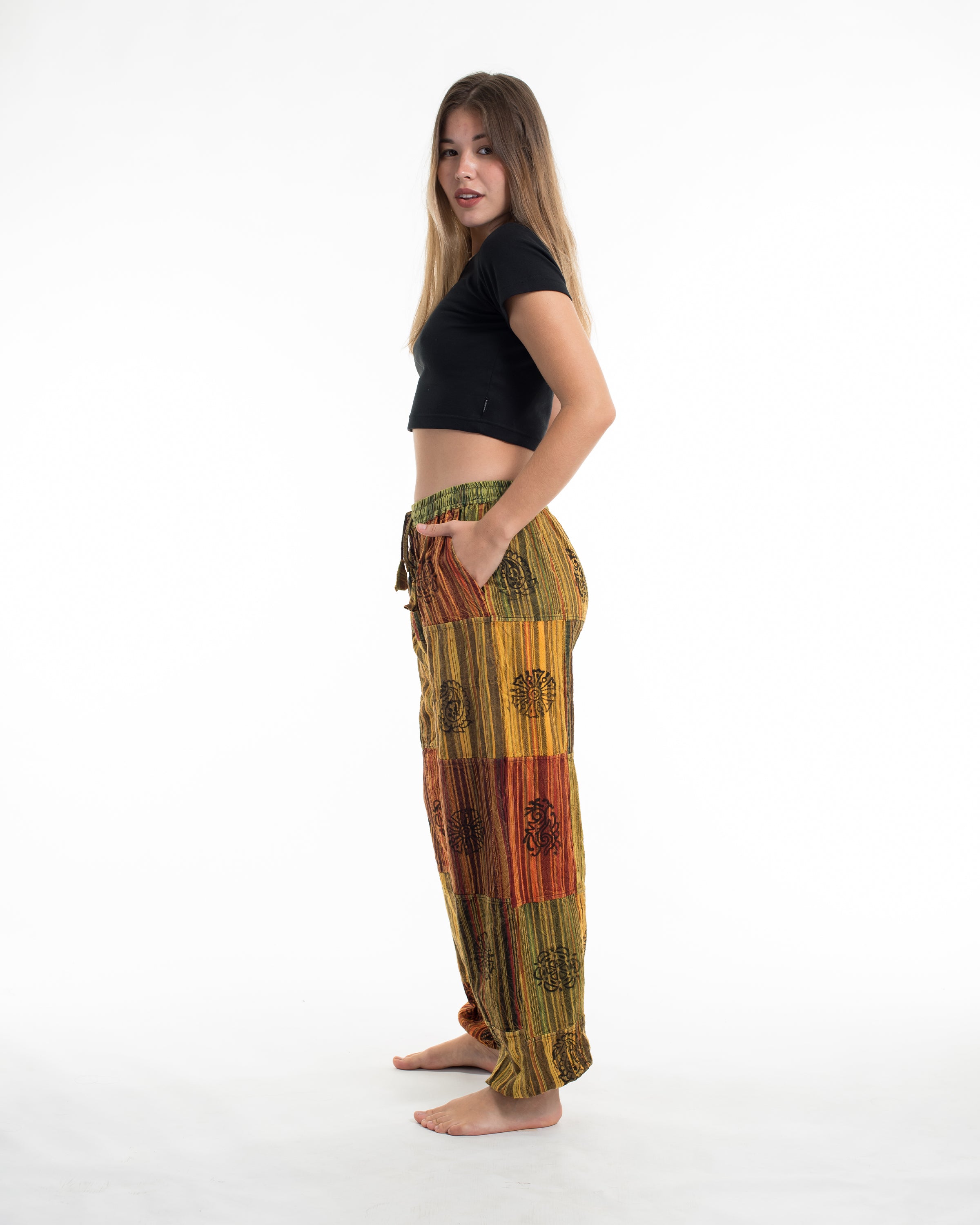 Women's Patchwork Block-Printed Harem Pants in Yellow