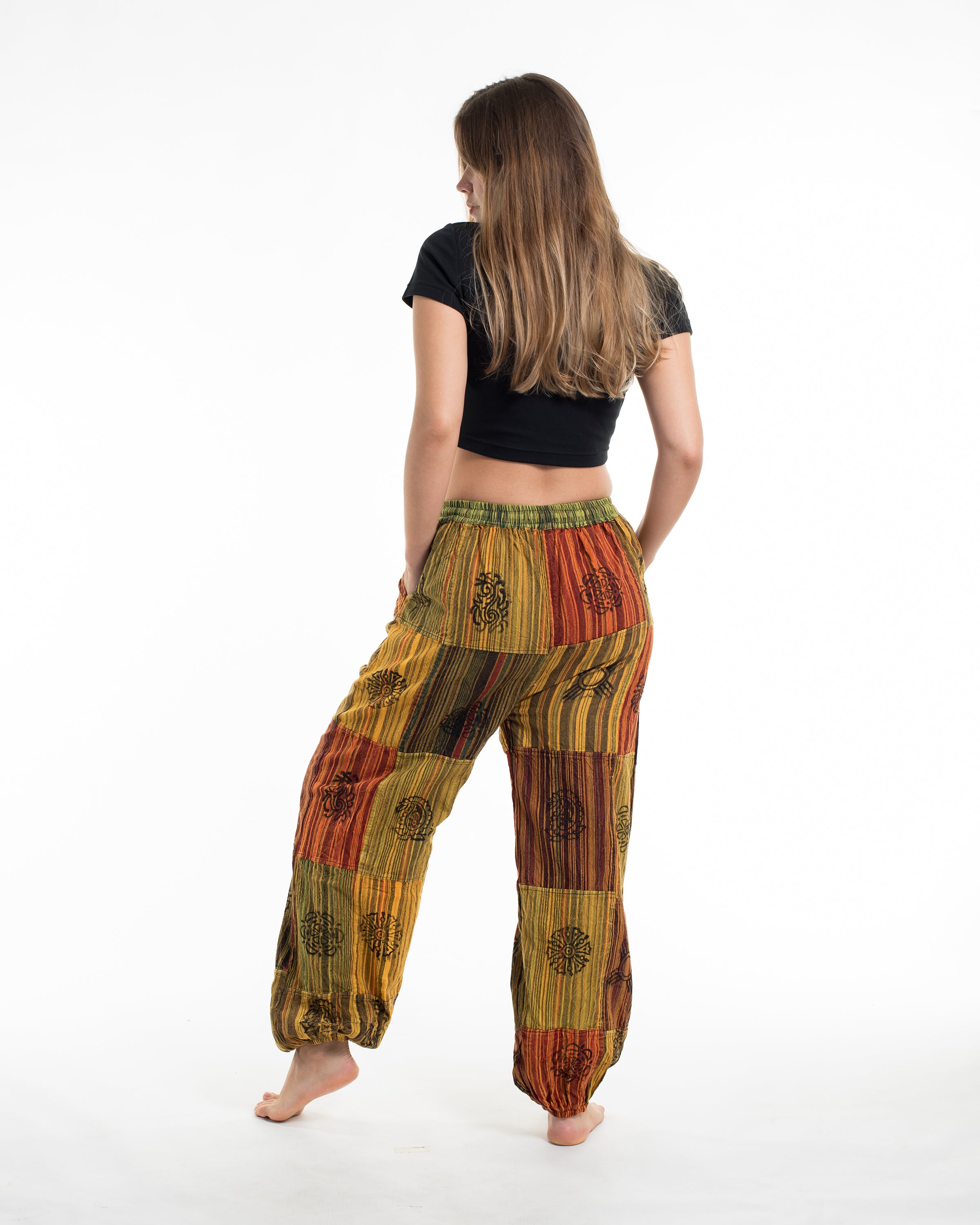 Women's Patchwork Block-Printed Harem Pants in Yellow