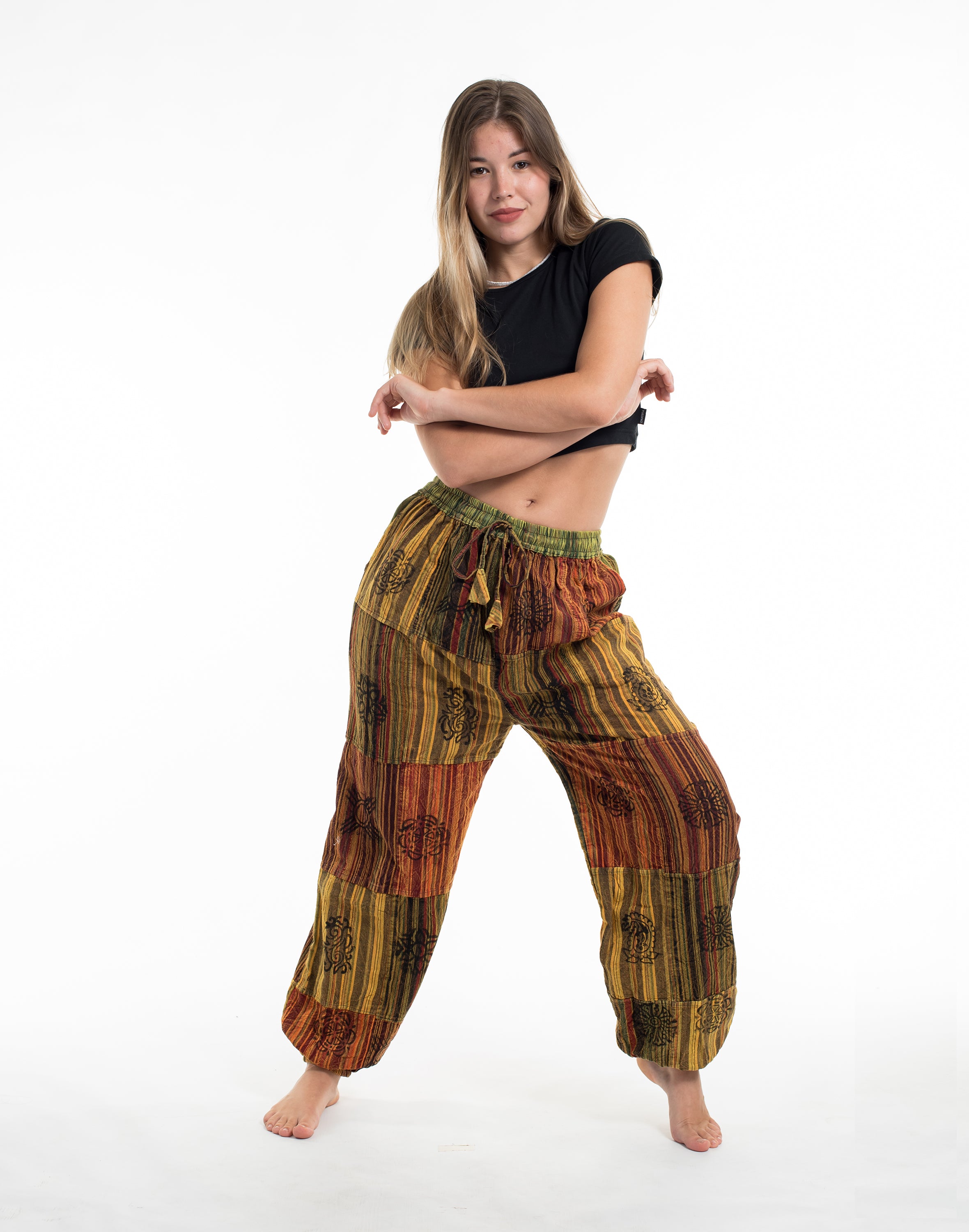 Women's Patchwork Block-Printed Harem Pants in Yellow