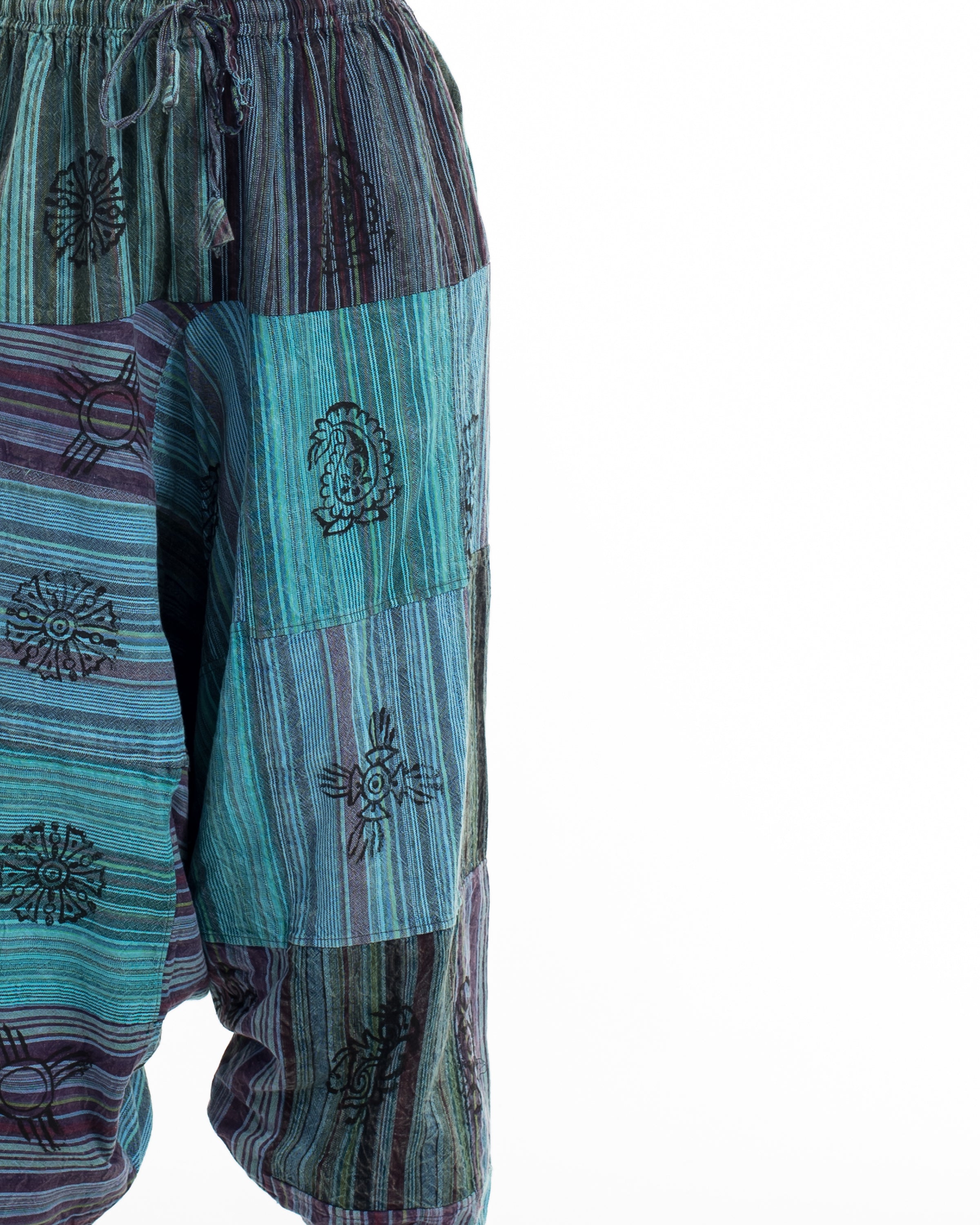 Women's Patchwork Block-Printed Low Cut Harem Pants in Blue