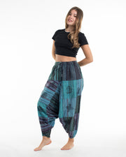Women's Patchwork Block-Printed Low Cut Harem Pants in Blue