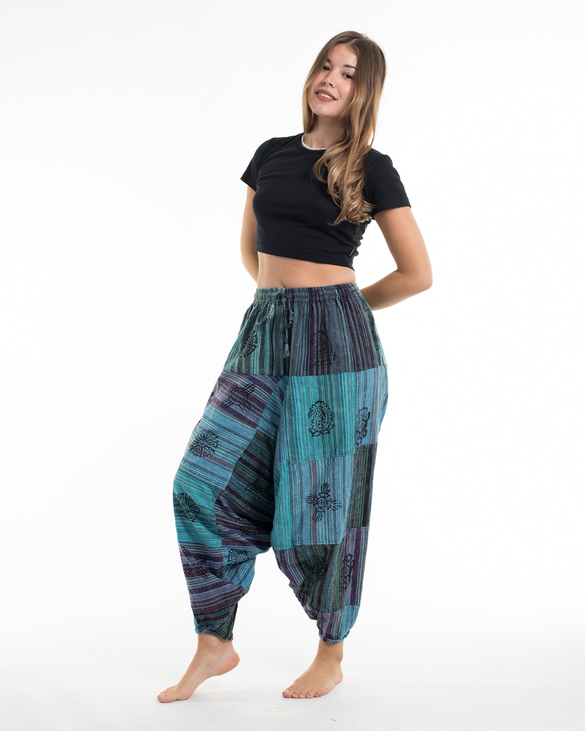 Women's Patchwork Block-Printed Low Cut Harem Pants in Blue