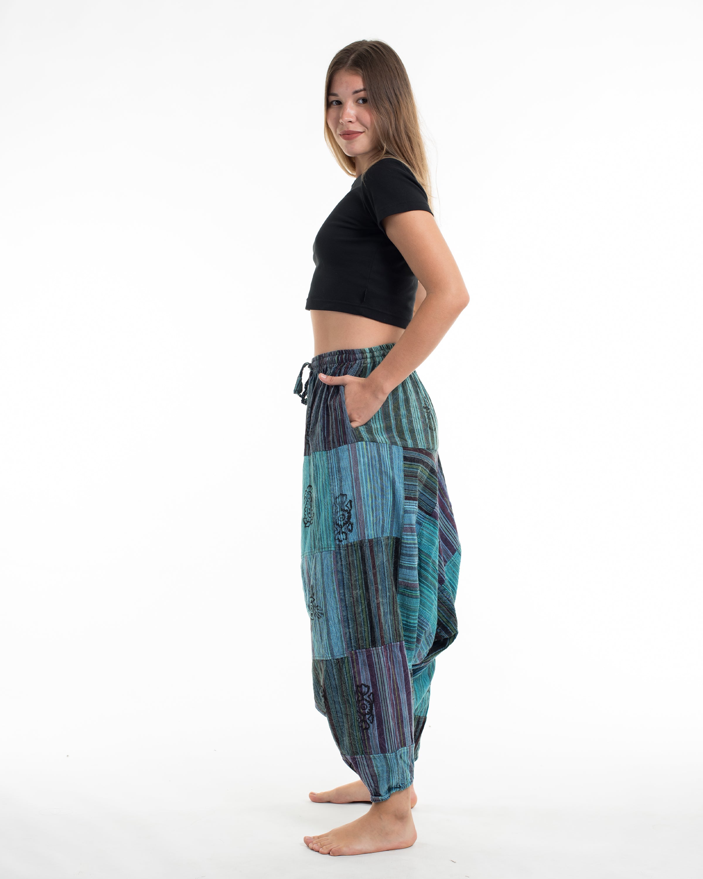 Women's Patchwork Block-Printed Low Cut Harem Pants in Blue
