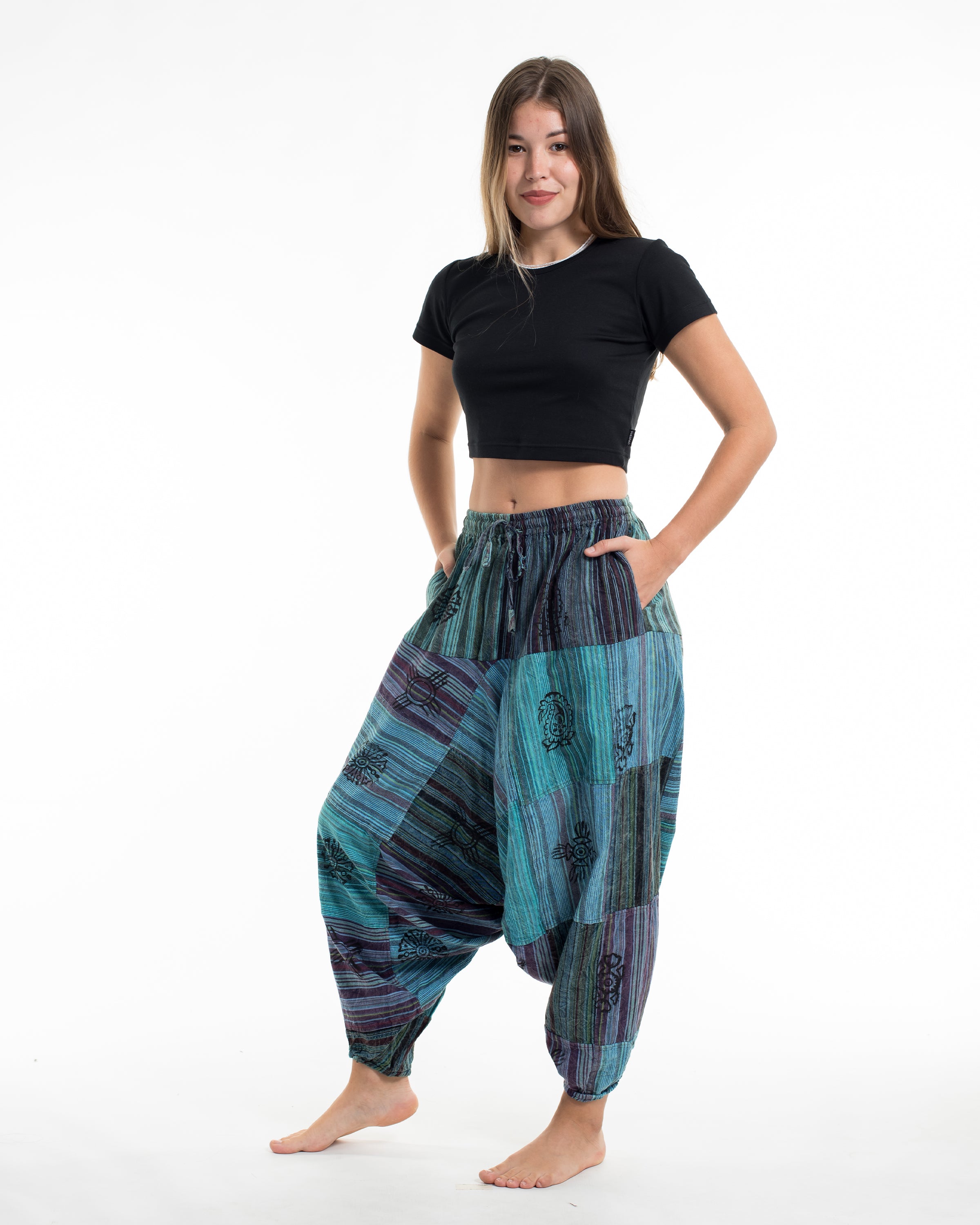 Women's Patchwork Block-Printed Low Cut Harem Pants in Blue
