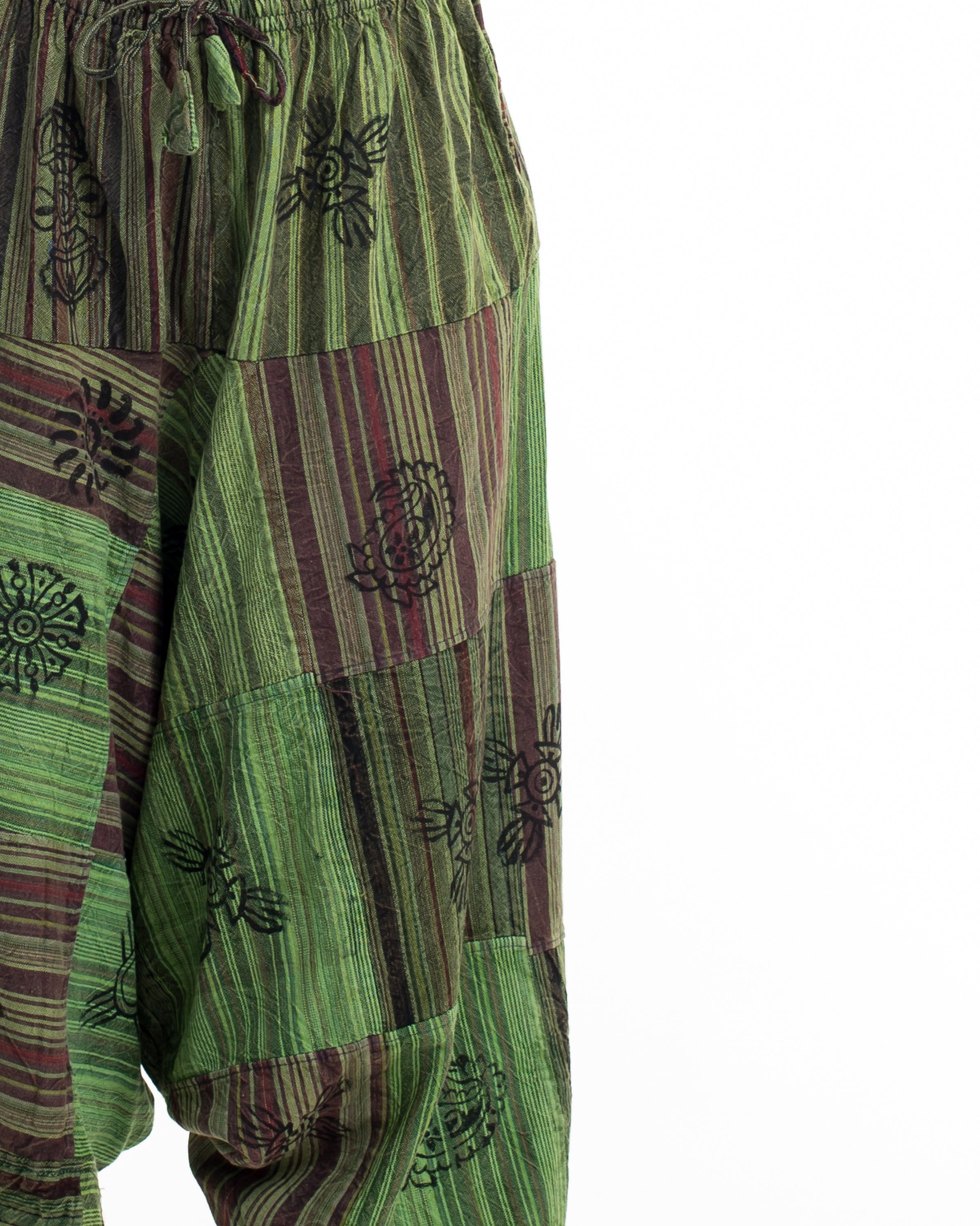 Women's Patchwork Block-Printed Low Cut Harem Pants in Green