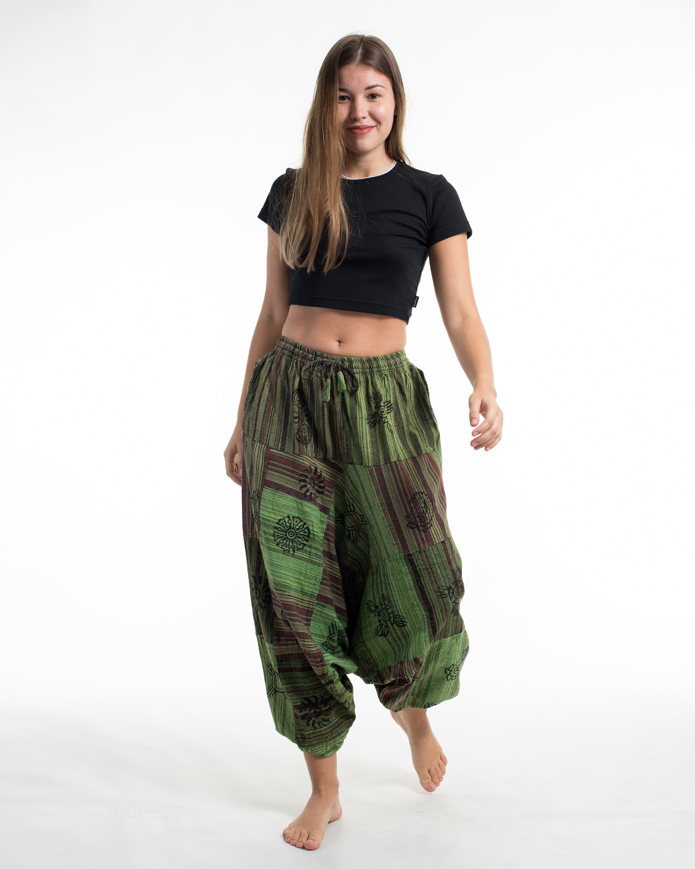 Women's Patchwork Block-Printed Low Cut Harem Pants in Green