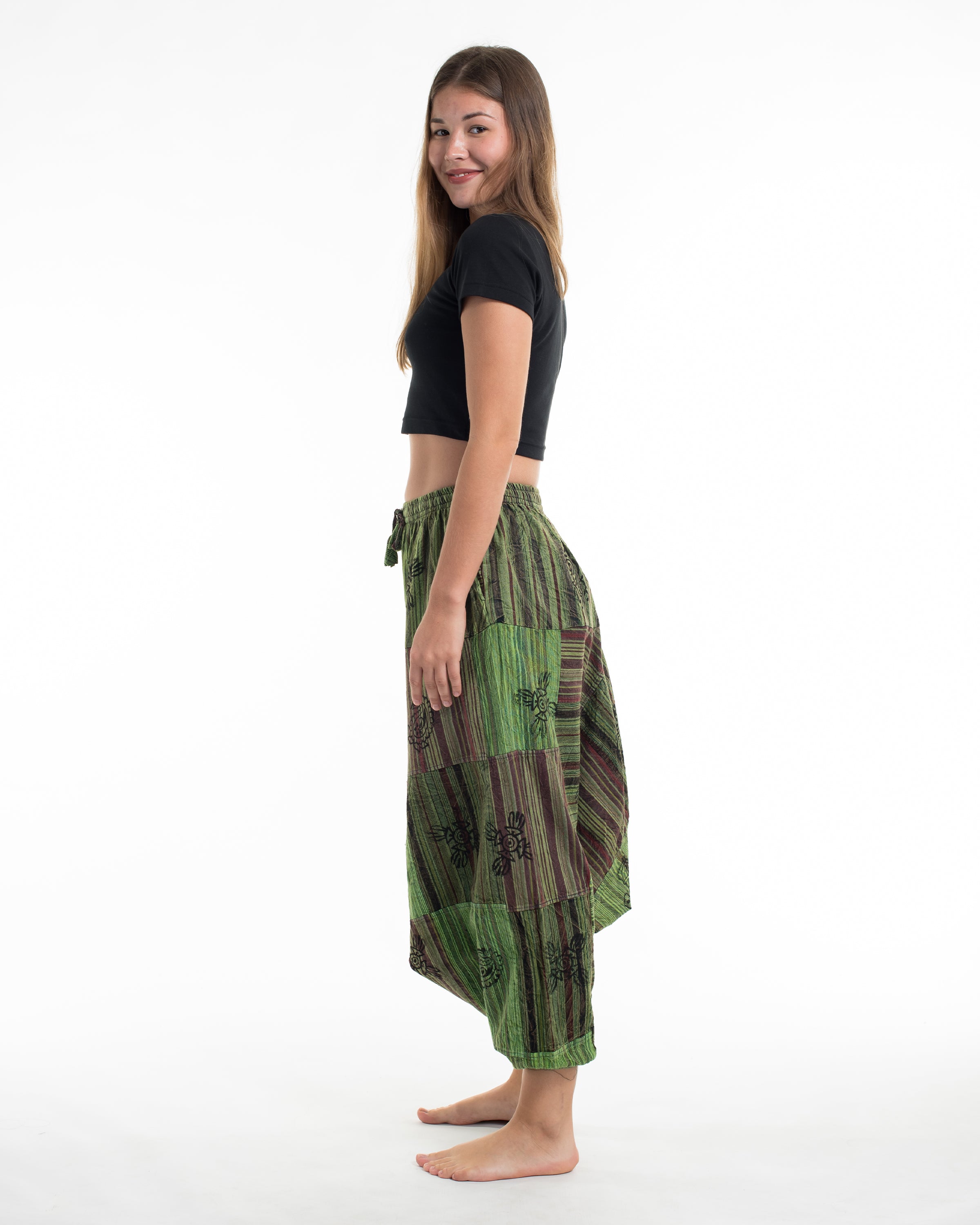 Women's Patchwork Block-Printed Low Cut Harem Pants in Green