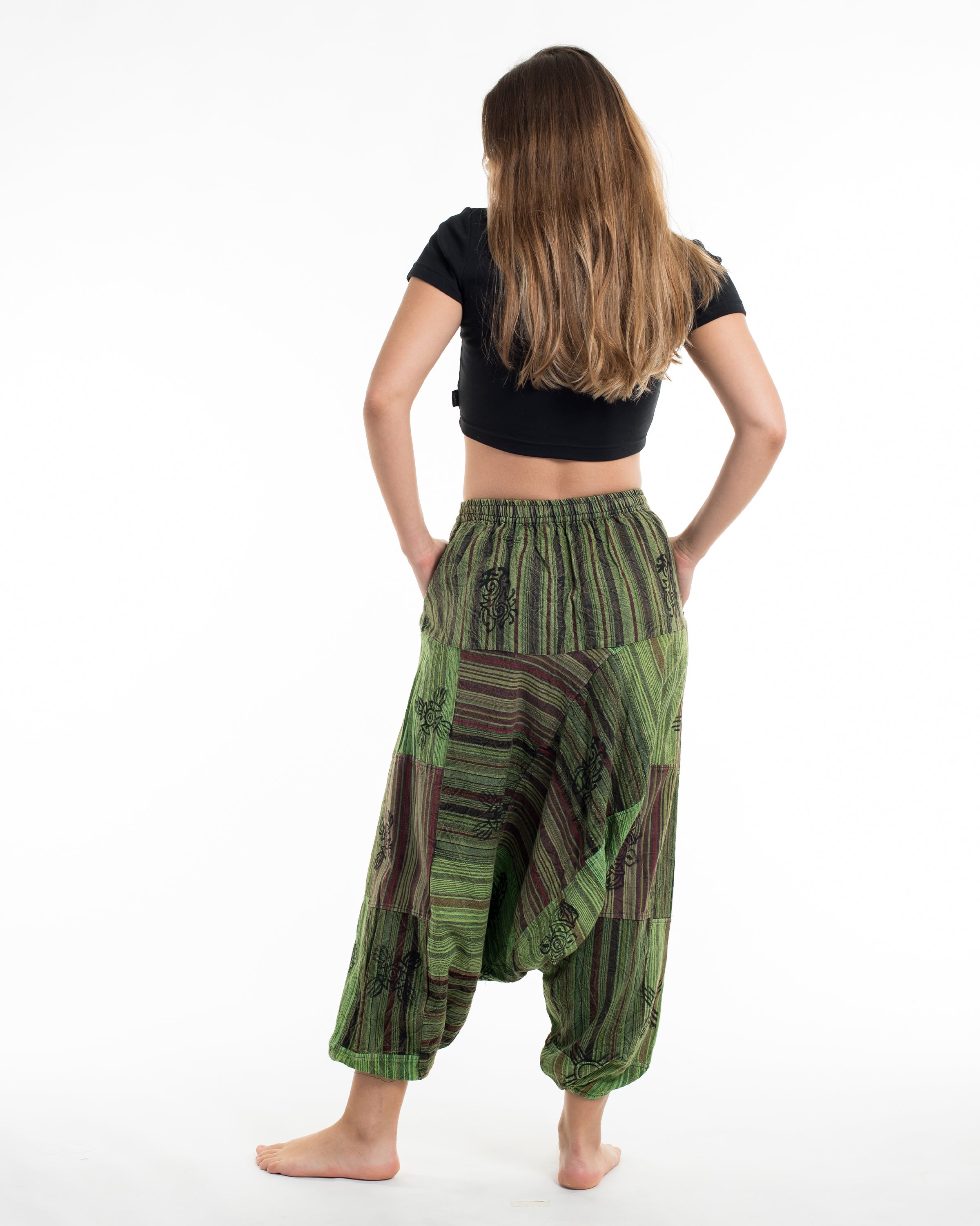 Women's Patchwork Block-Printed Low Cut Harem Pants in Green