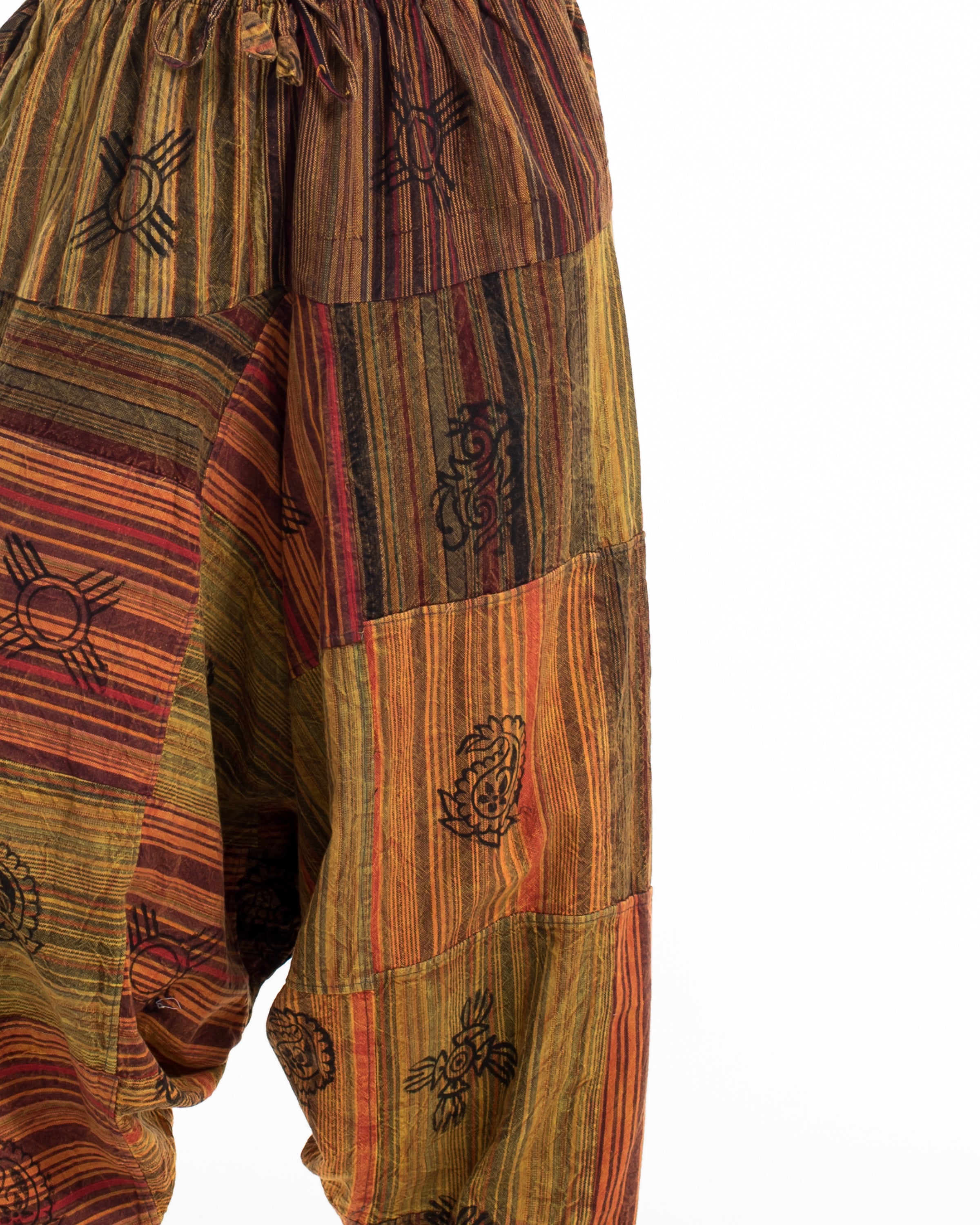 Women's Patchwork Block-Printed Low Cut Harem Pants in Orange