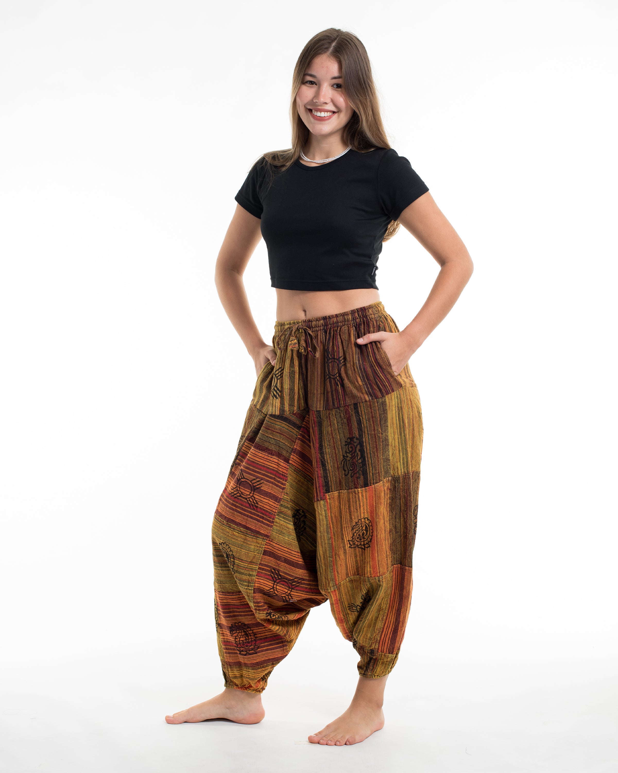 Women's Patchwork Block-Printed Low Cut Harem Pants in Orange