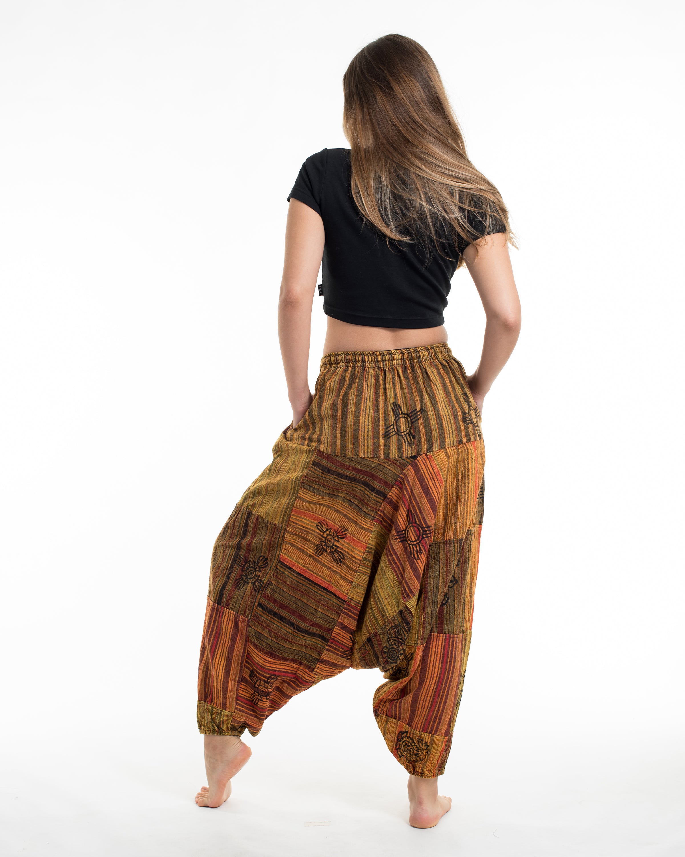 Women's Patchwork Block-Printed Low Cut Harem Pants in Orange