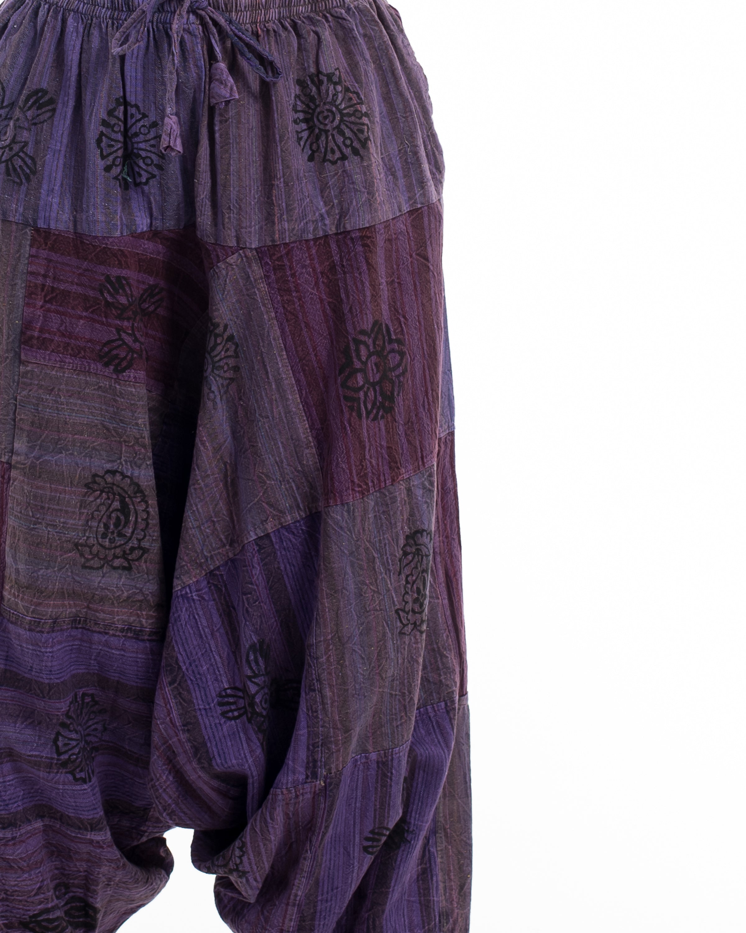Women's Patchwork Block-Printed Low Cut Harem Pants in Purple