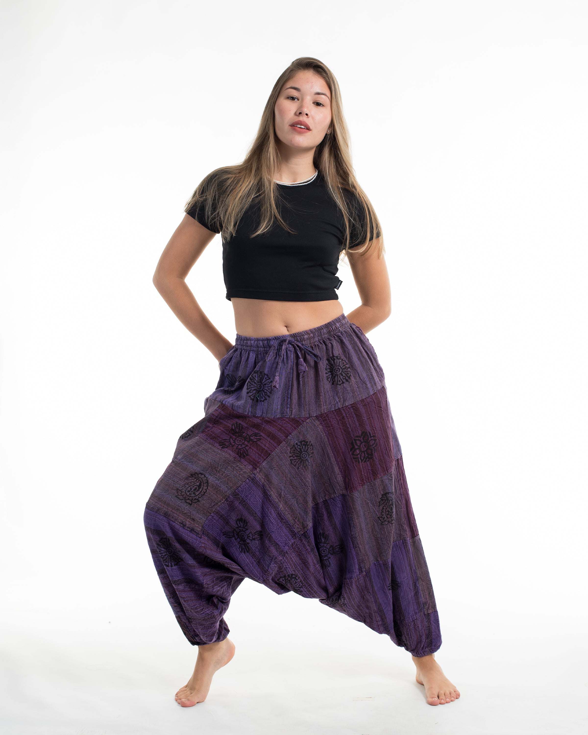 Women's Patchwork Block-Printed Low Cut Harem Pants in Purple