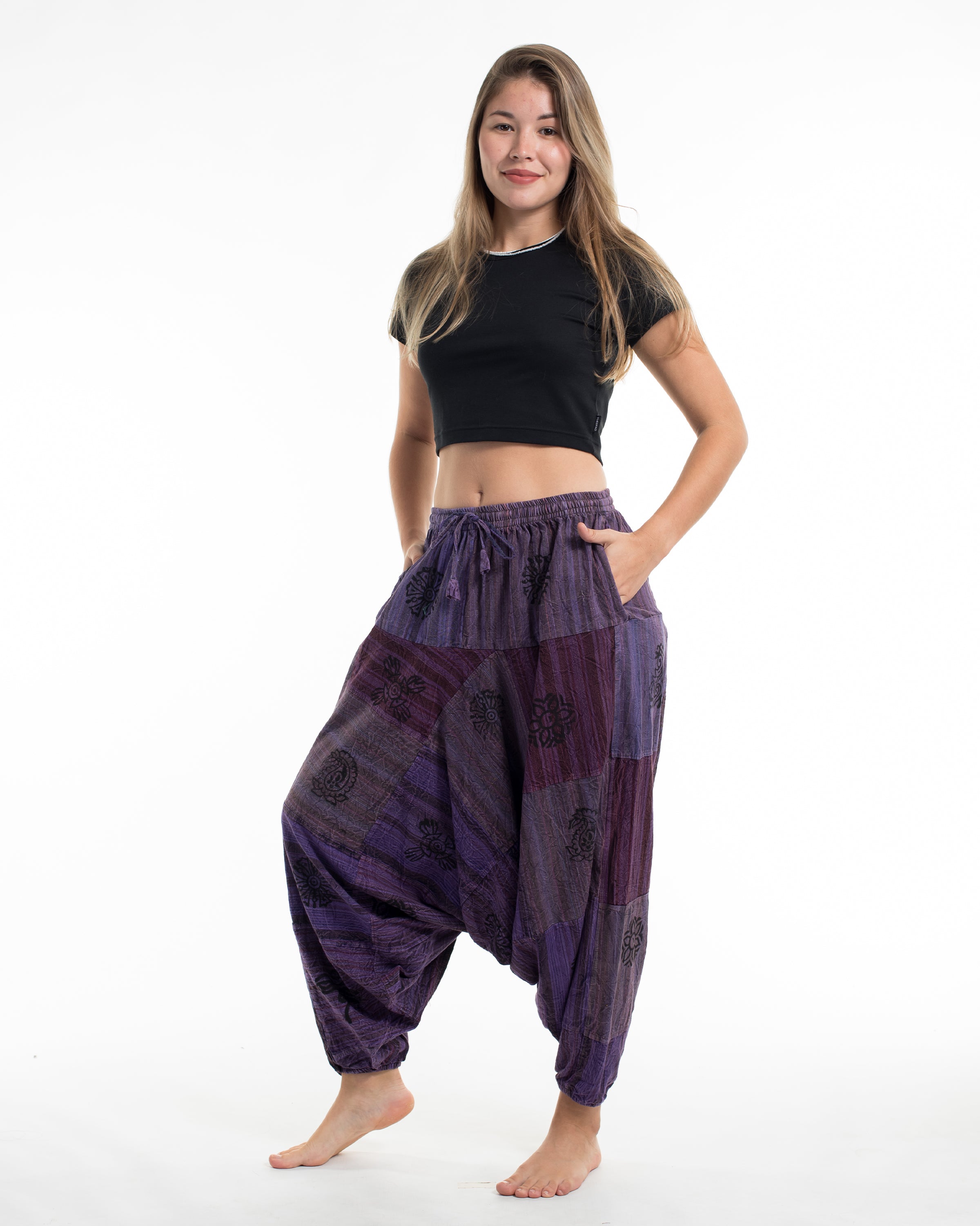 Women's Patchwork Block-Printed Low Cut Harem Pants in Purple