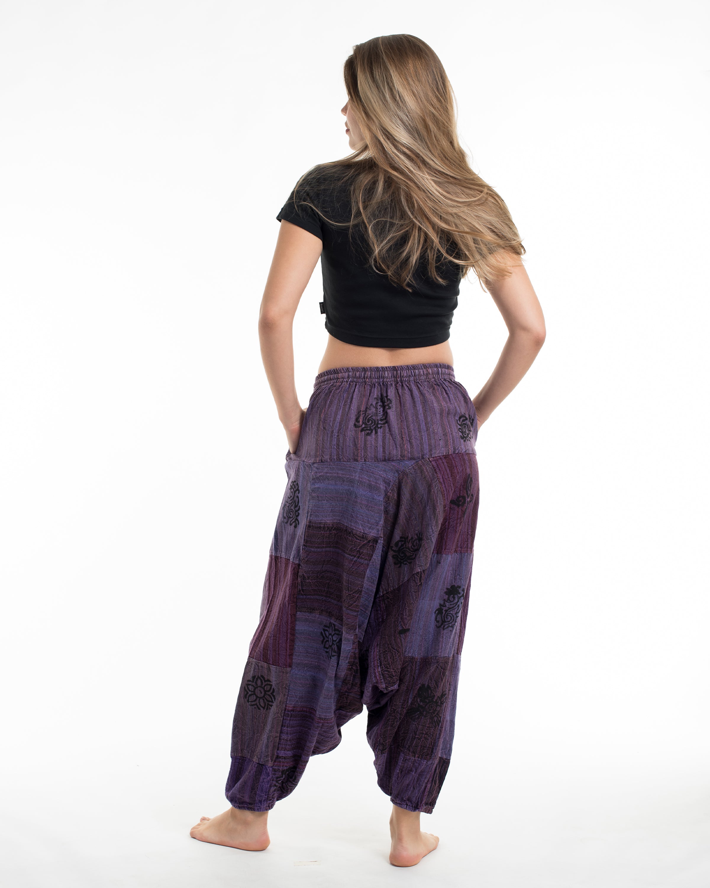 Women's Patchwork Block-Printed Low Cut Harem Pants in Purple