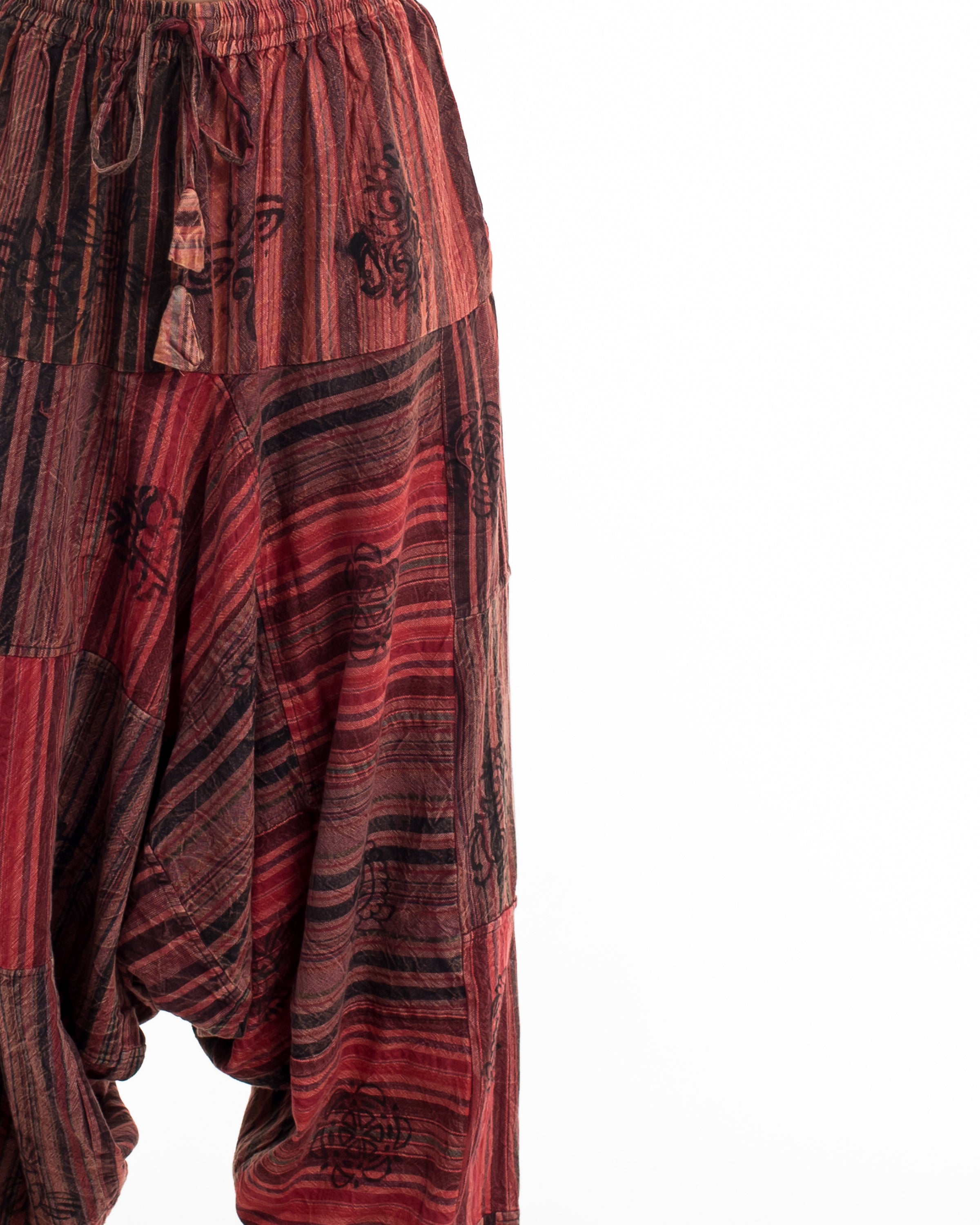 Women's Patchwork Block-Printed Low Cut Harem Pants in Red