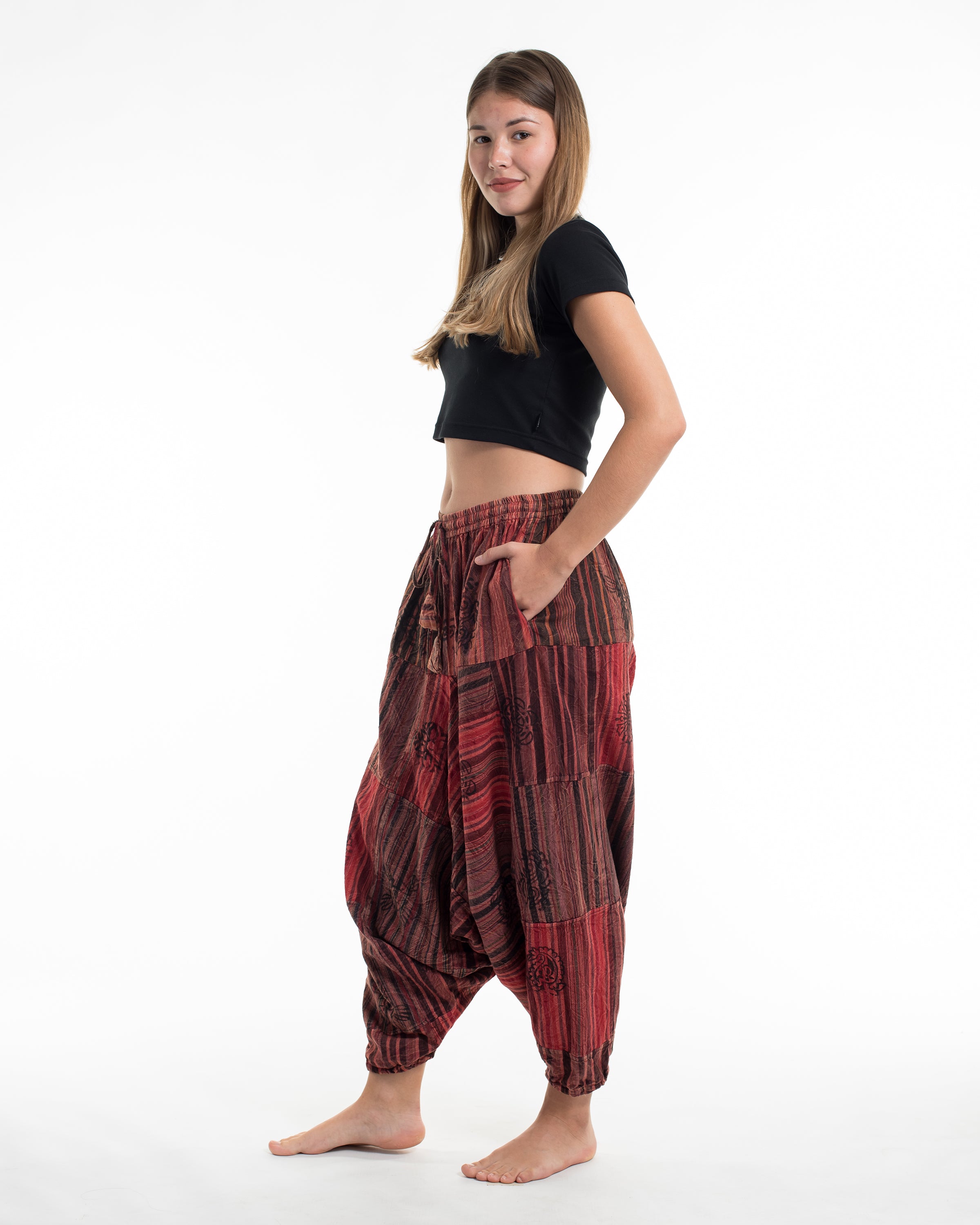 Women's Patchwork Block-Printed Low Cut Harem Pants in Red