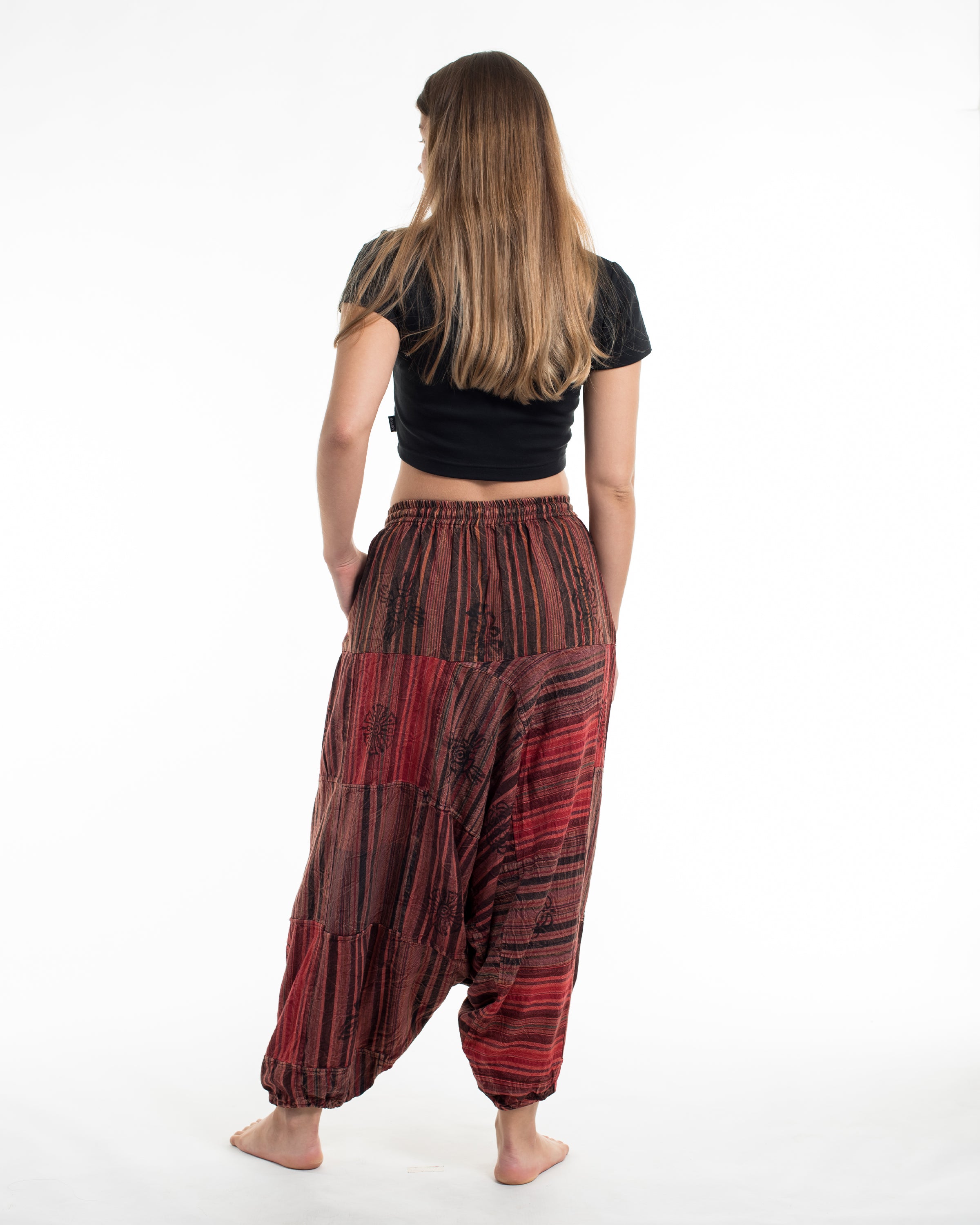 Women's Patchwork Block-Printed Low Cut Harem Pants in Red
