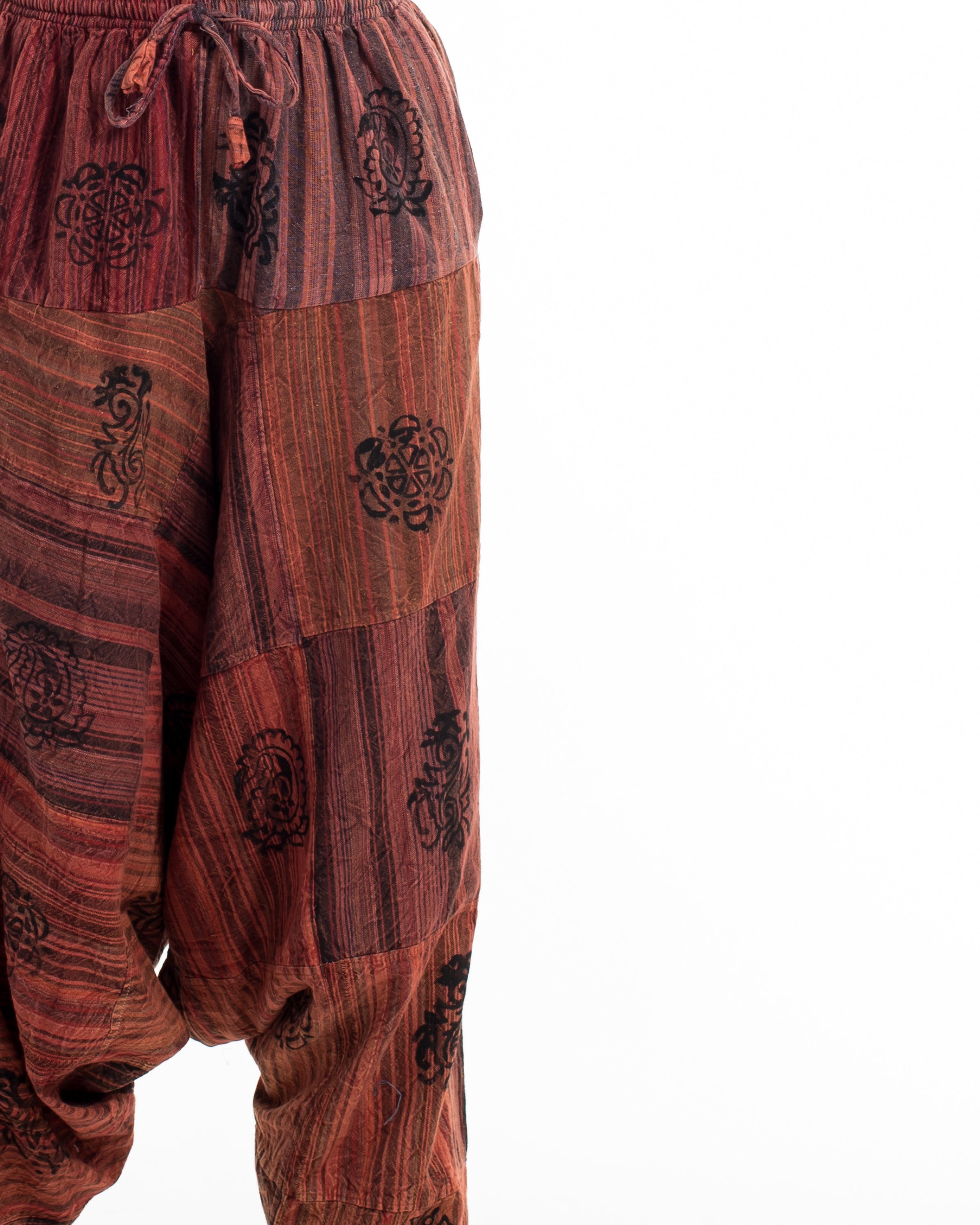 Women's Patchwork Block-Printed Low Cut Harem Pants in Rust