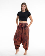 Women's Patchwork Block-Printed Low Cut Harem Pants in Rust