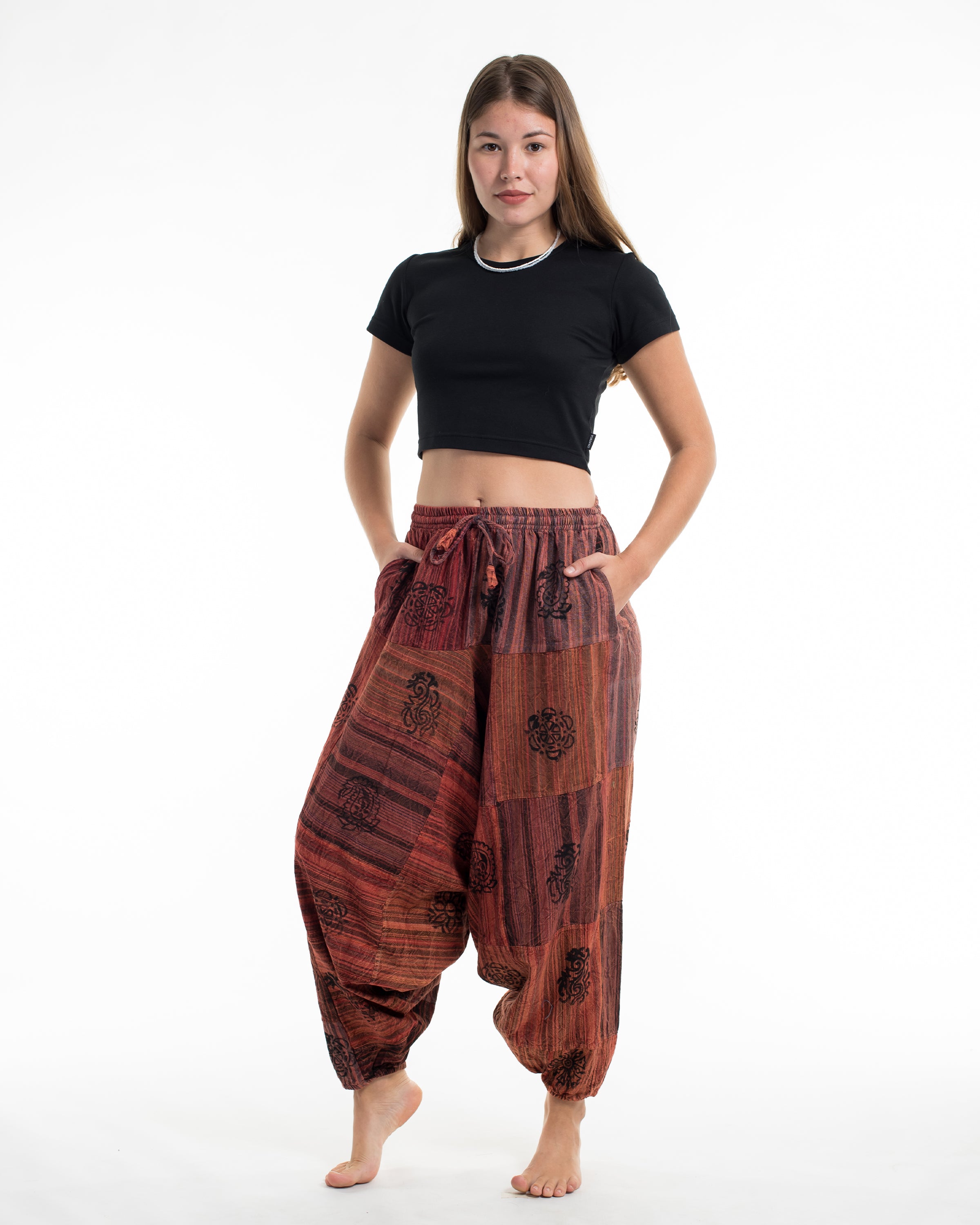 Women's Patchwork Block-Printed Low Cut Harem Pants in Rust