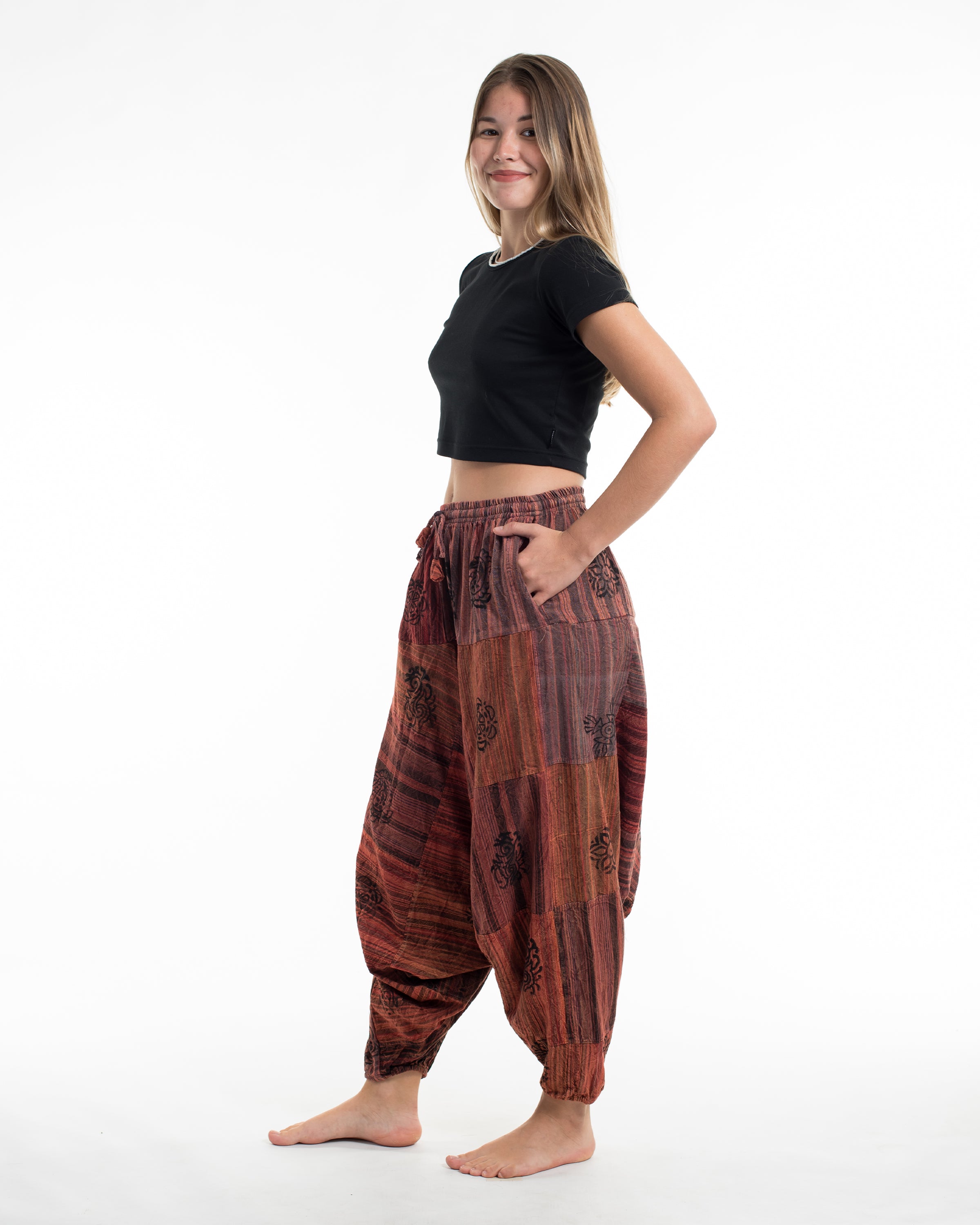 Women's Patchwork Block-Printed Low Cut Harem Pants in Rust