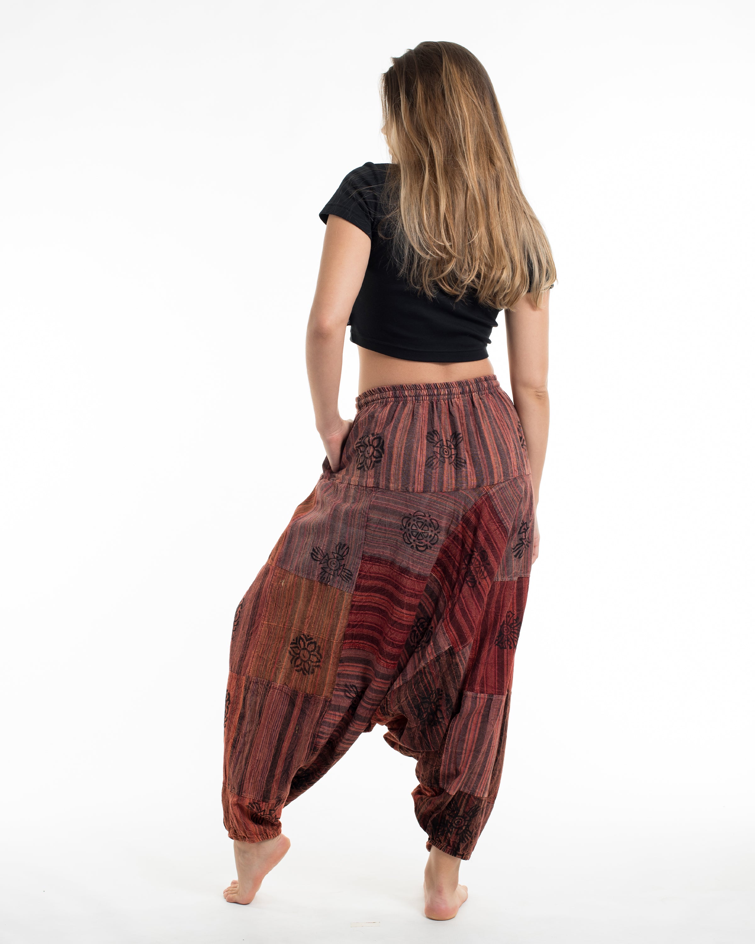 Women's Patchwork Block-Printed Low Cut Harem Pants in Rust